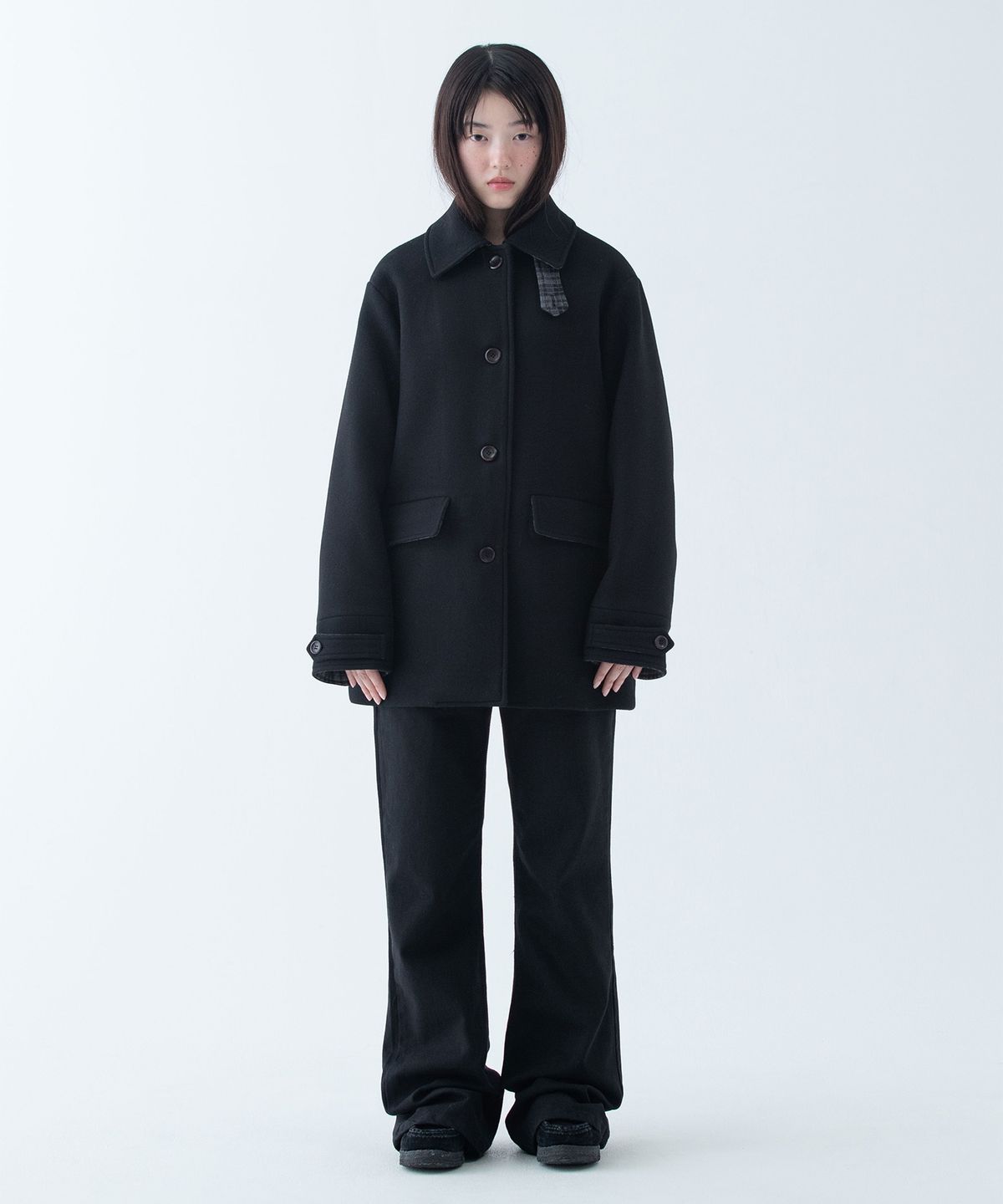 오헤시오(OHESHIO) CHECK HALF WOOL COAT, BLACK