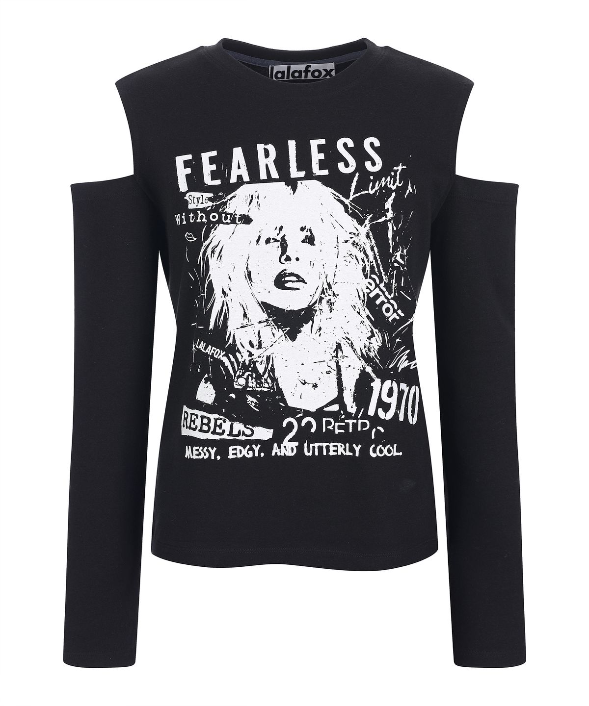 라라폭스(LALAFOX) SHOULDER CUT OUT PRINTING T-SHIRT 프린팅 티셔츠 BLACK BQ4CL023