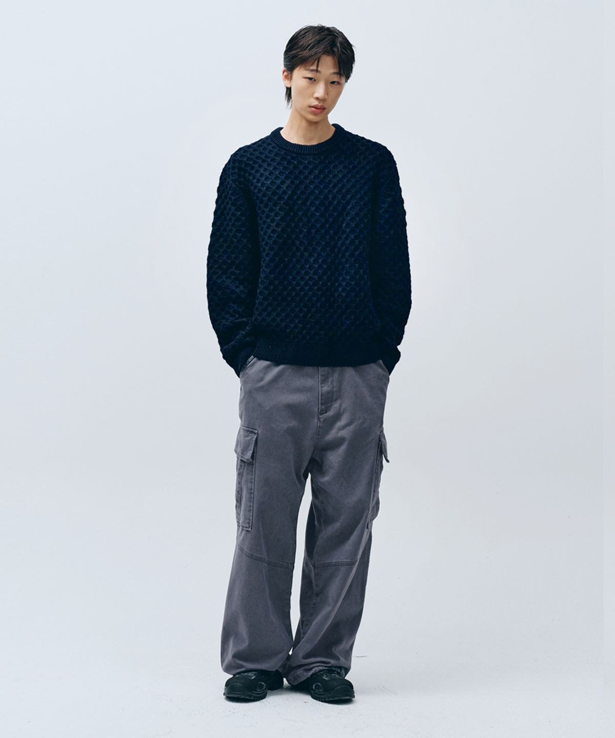 인템포무드(INTEMPOMOOD) 크로플 라운드 넥 니트_다크네이비