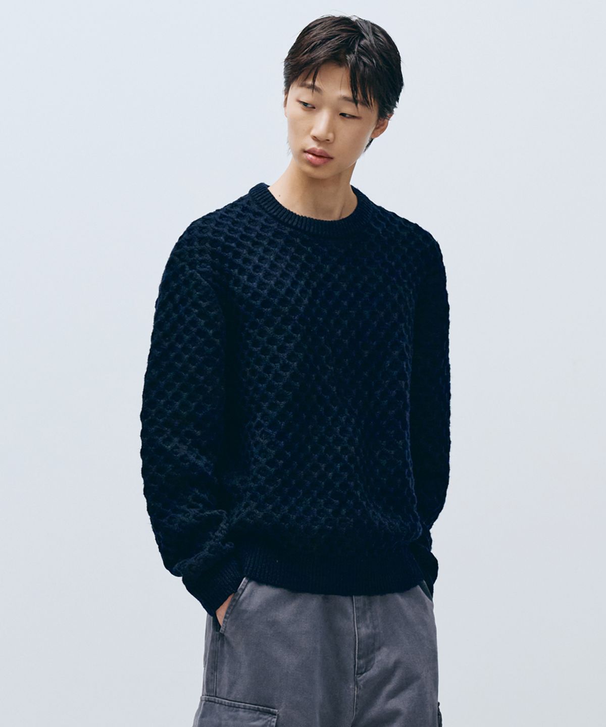 인템포무드(INTEMPOMOOD) 크로플 라운드 넥 니트_다크네이비