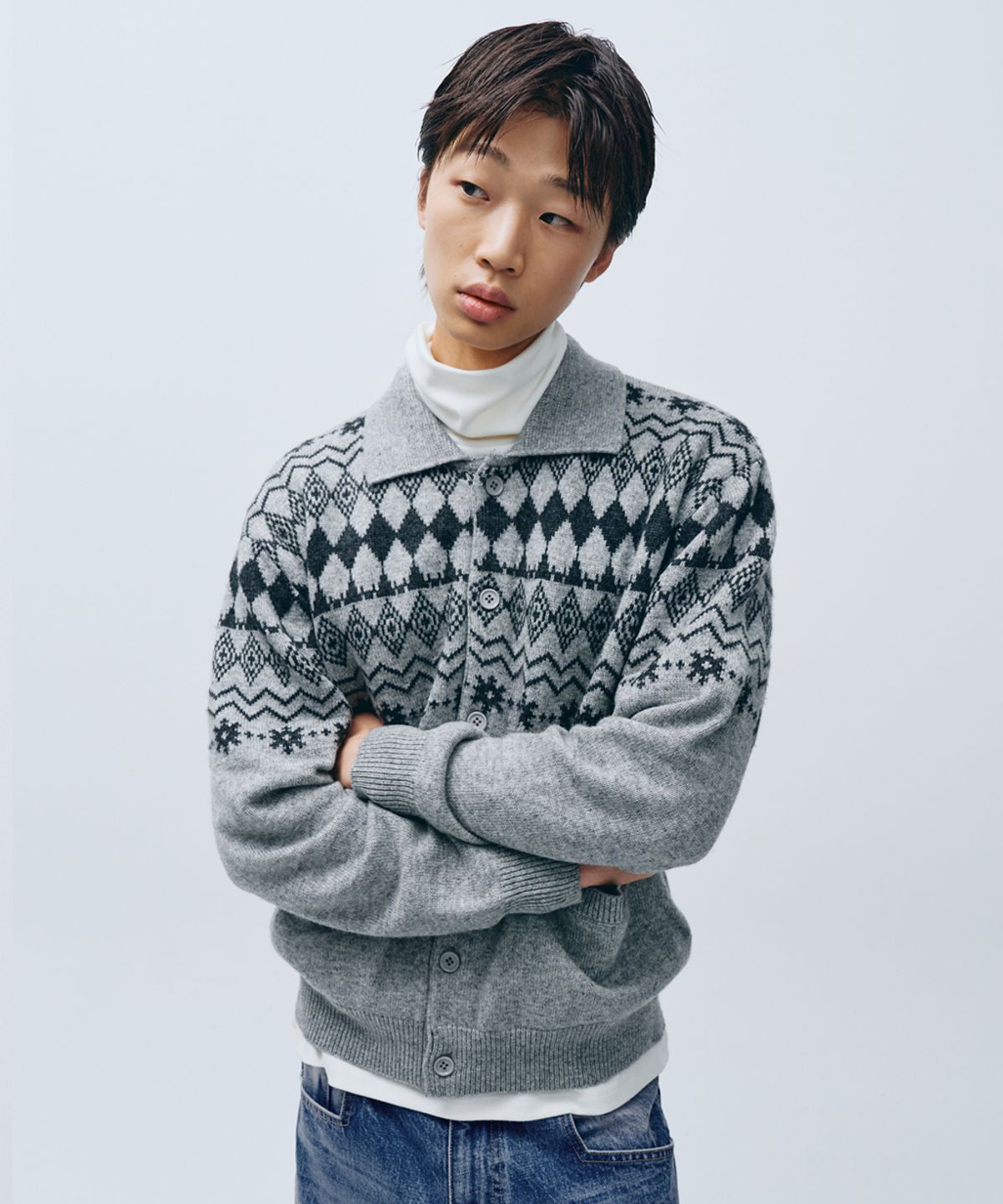 인템포무드(INTEMPOMOOD) 노르딕 버튼 카라 카디건_그레이