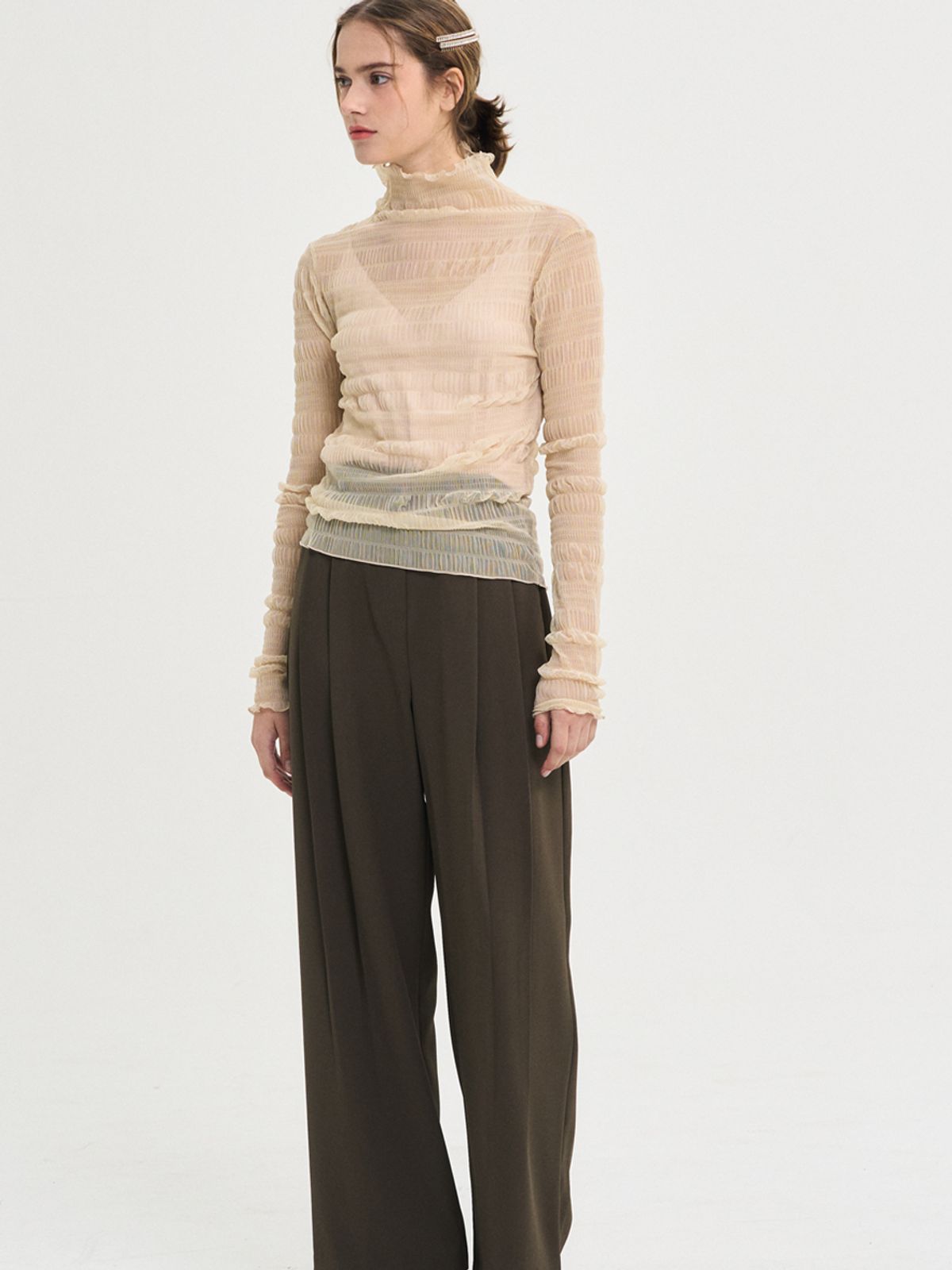 쏘리, 투 머치 러브(SORRY, TOO MUCH LOVE) Cien Shirring See through Turtleneck Top_Beige
