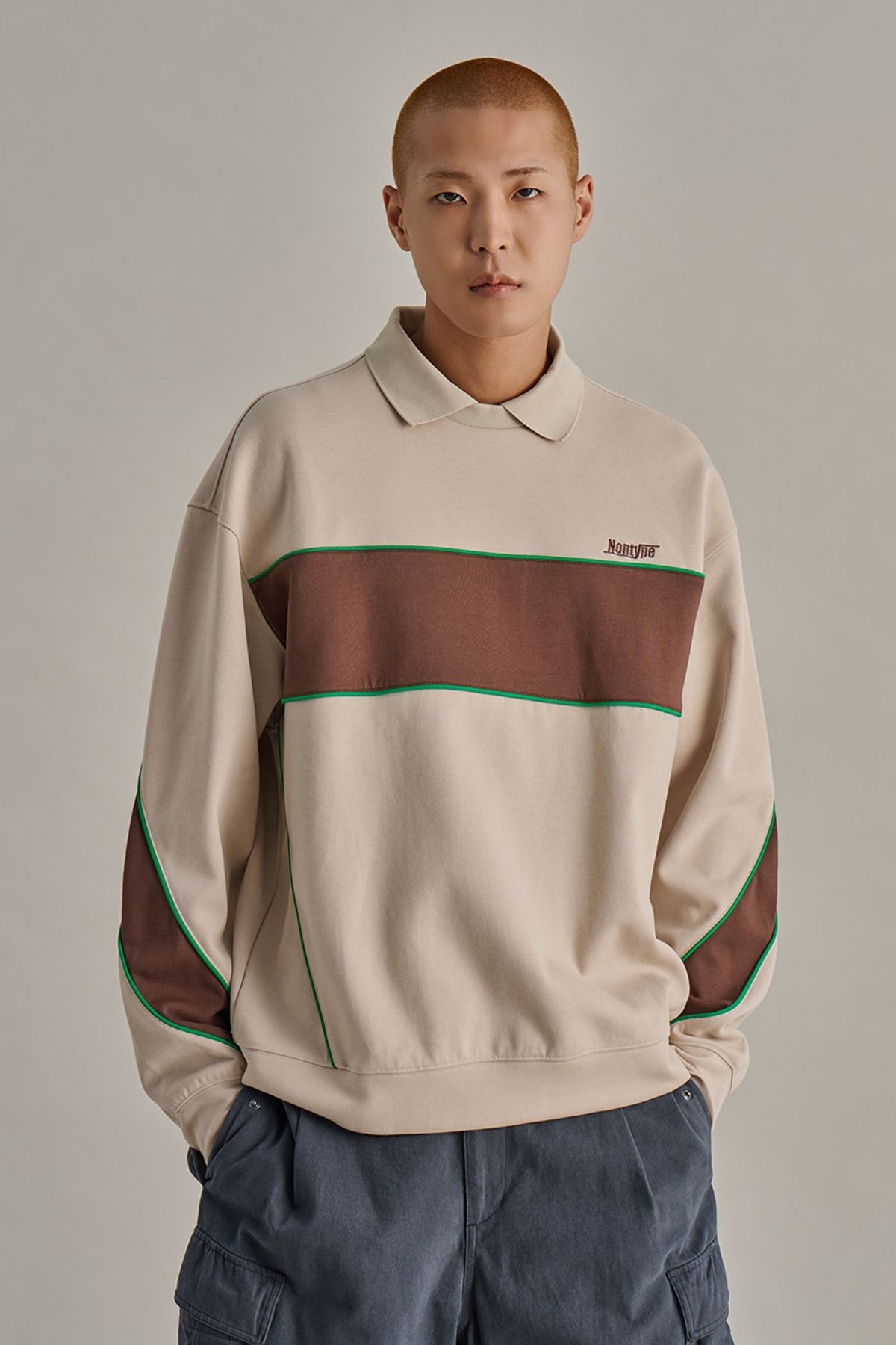 논타입(NONTYPE) PANELED PIPING L/S PK T-SHIRTS (BEIGE)