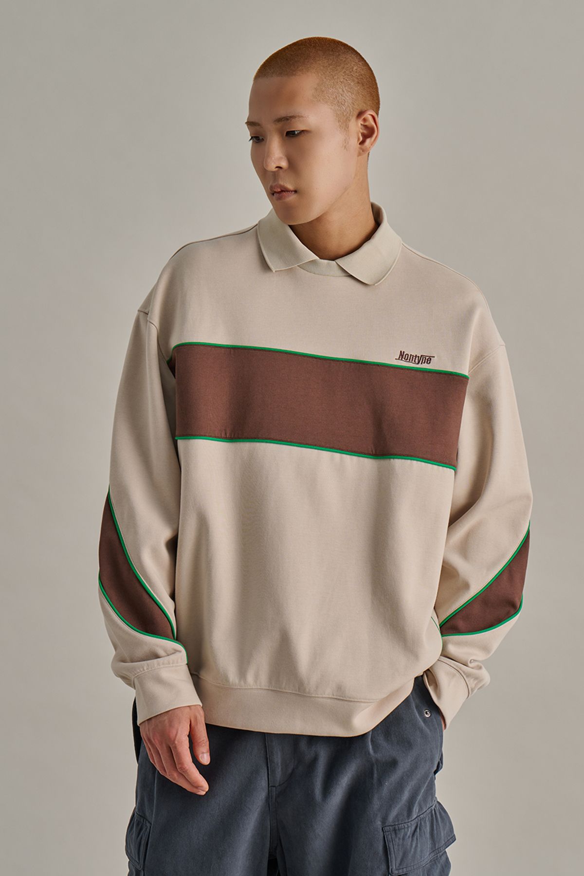 논타입(NONTYPE) PANELED PIPING L/S PK T-SHIRTS (BEIGE)