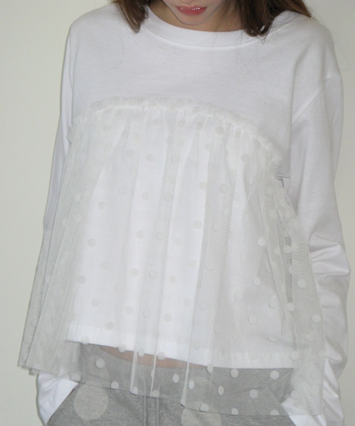론론(RONRON) SHEER LAYERED LONG SLEEVE DOT WHITE