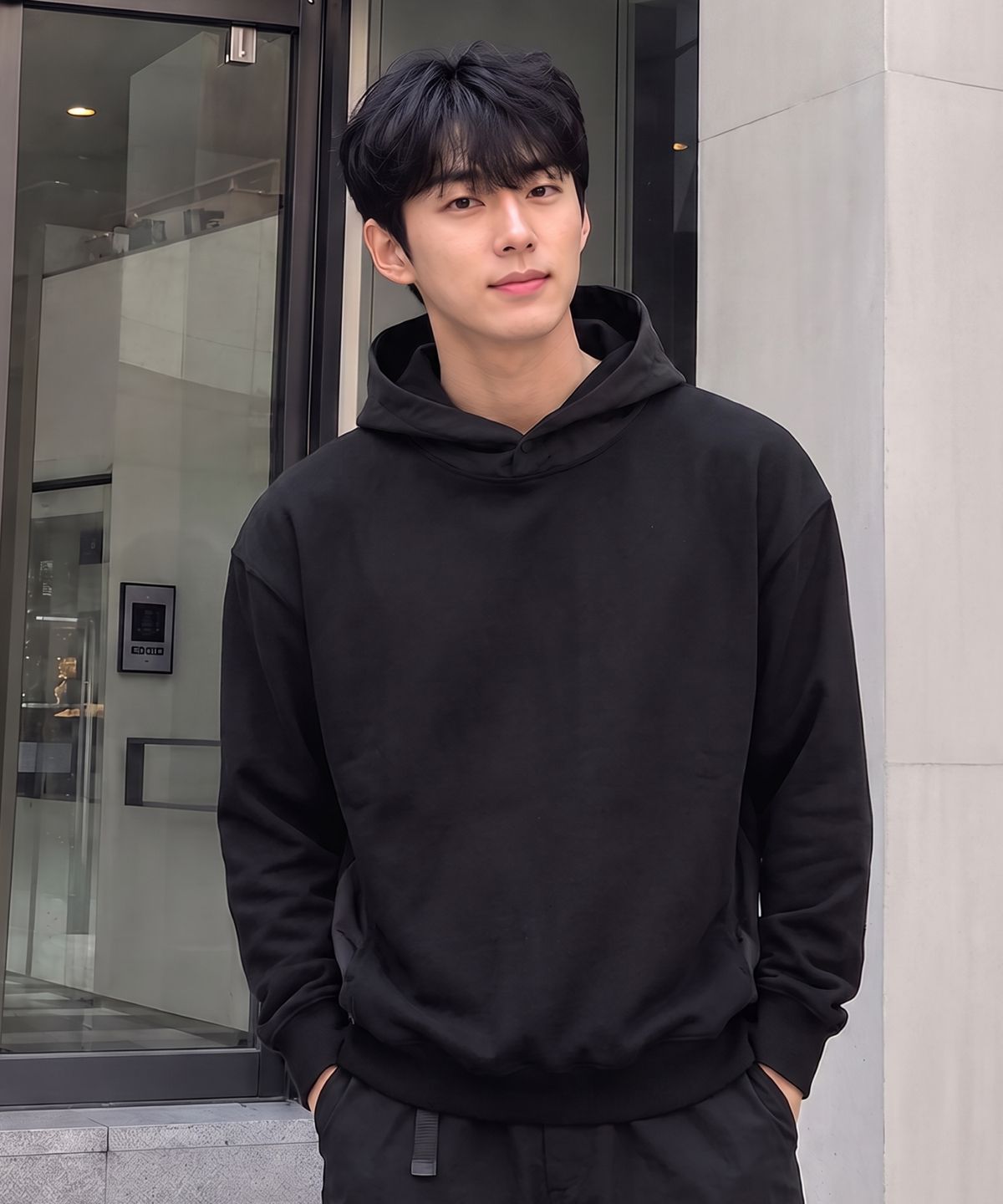 에르비노(HERVINO) 믹스드 더블 버튼 후디[블랙]