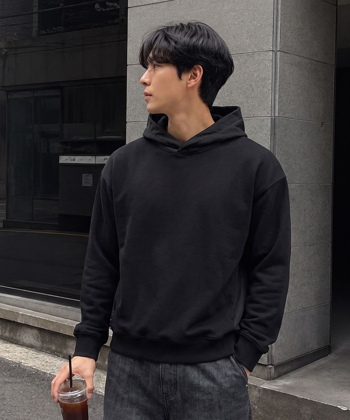 에르비노(HERVINO) 믹스드 더블 버튼 후디[블랙]