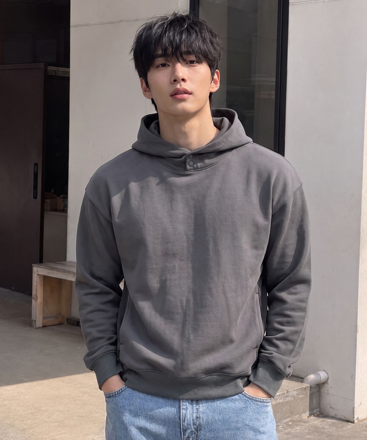 에르비노(HERVINO) 믹스드 더블 버튼 후디[그레이]