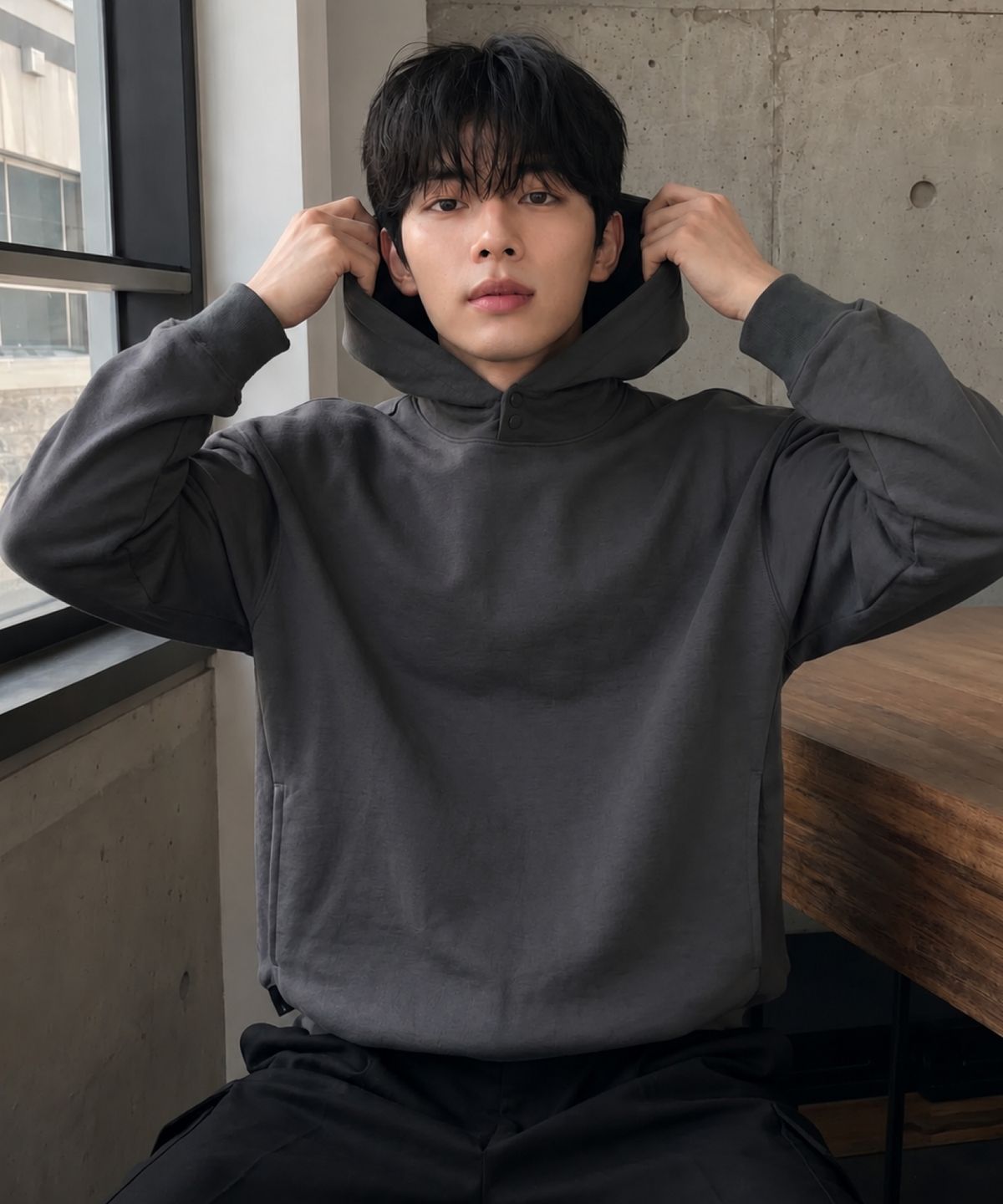 에르비노(HERVINO) 믹스드 더블 버튼 후디[그레이]