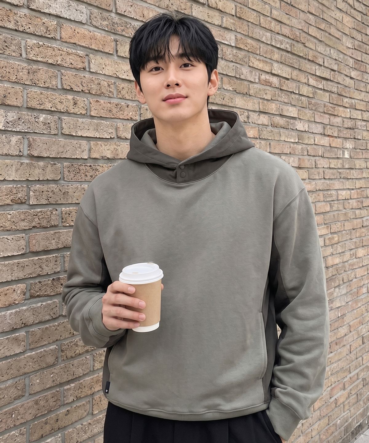 에르비노(HERVINO) 믹스드 더블 버튼 후디[카키]