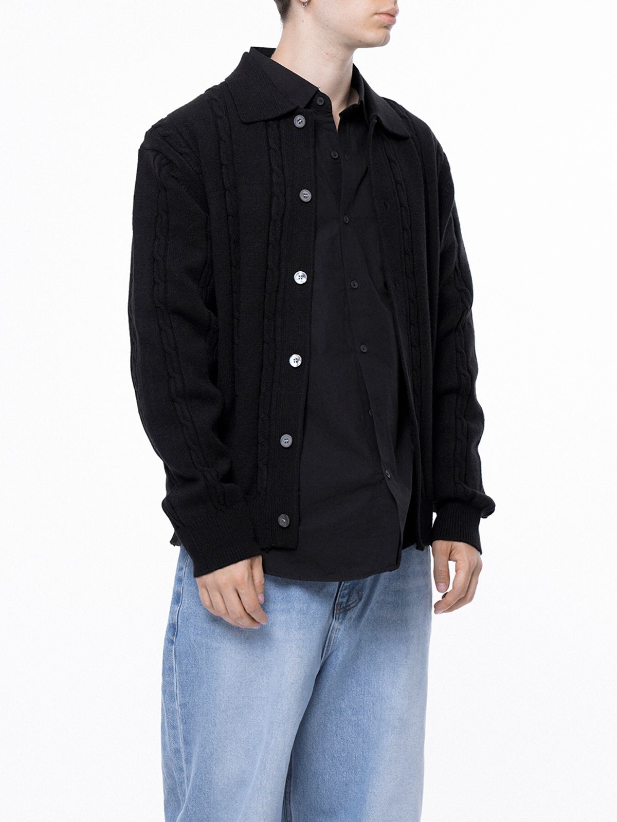 챈세스노이(CHANCE'S NOI) Dense Cable Collar-neck Cardigan - Black /M243OT02BK