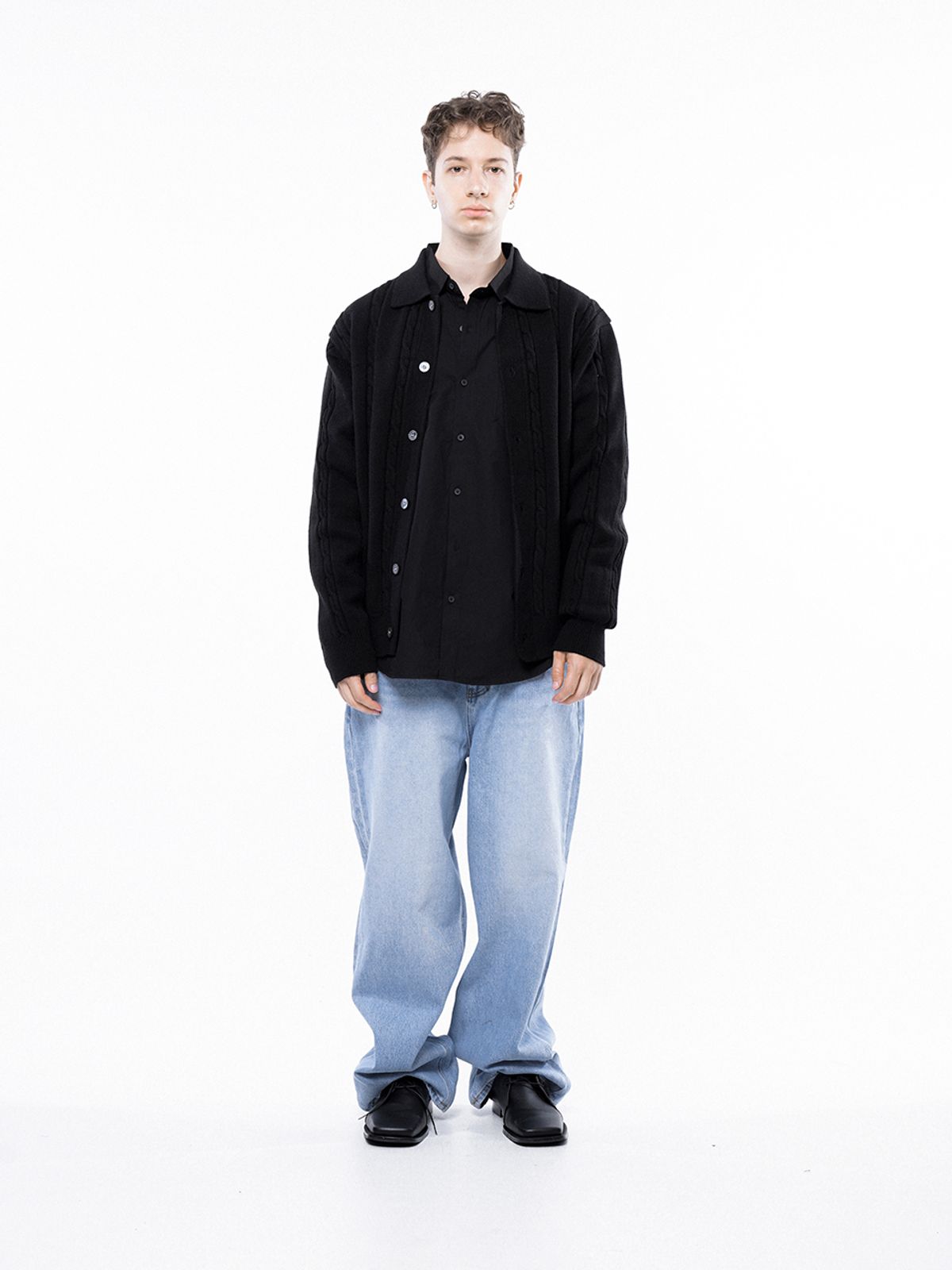챈세스노이(CHANCE'S NOI) Dense Cable Collar-neck Cardigan - Black /M243OT02BK