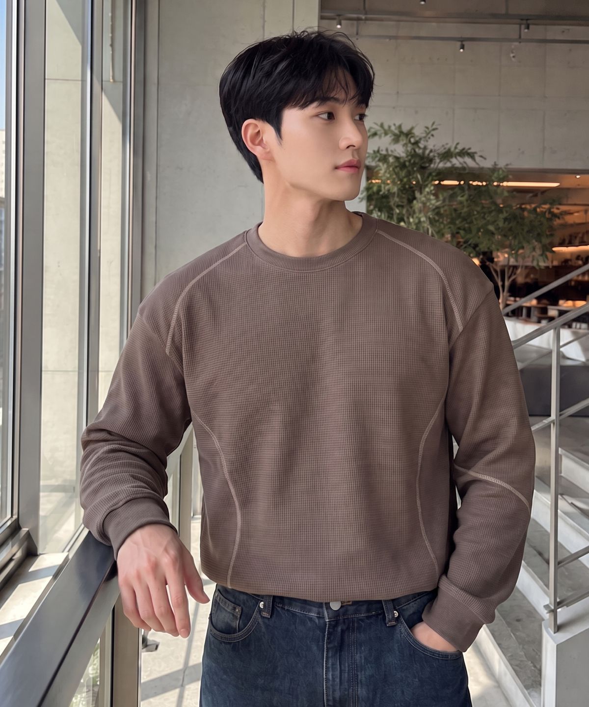 에르비노(HERVINO) 와플 스티치 롱 슬리브[브라운]