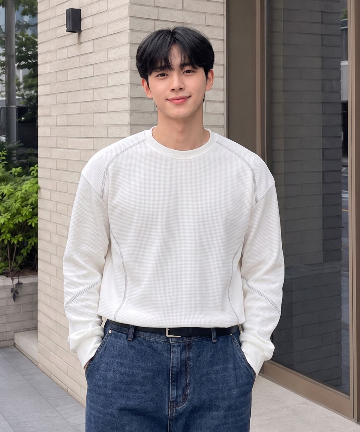 에르비노(HERVINO) 와플 스티치 롱 슬리브[아이보리]