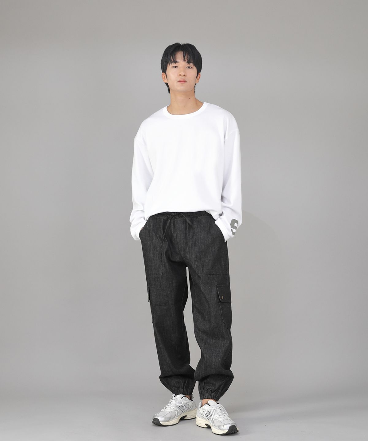 세인트크루(SAINTCREW) 스냅버튼 와이드 카고조거 팬츠 SWC-361 데님 블랙 BKS