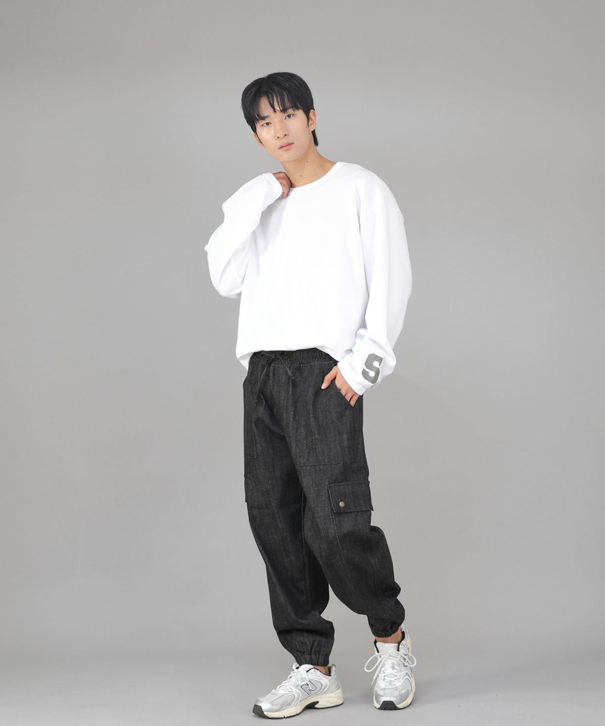세인트크루(SAINTCREW) 스냅버튼 와이드 카고조거 팬츠 SWC-361 데님 블랙 BKS