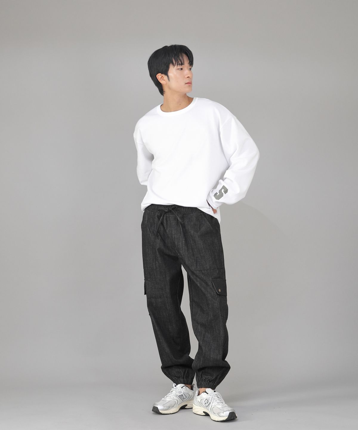 세인트크루(SAINTCREW) 스냅버튼 와이드 카고조거 팬츠 SWC-361 데님 블랙 BKS