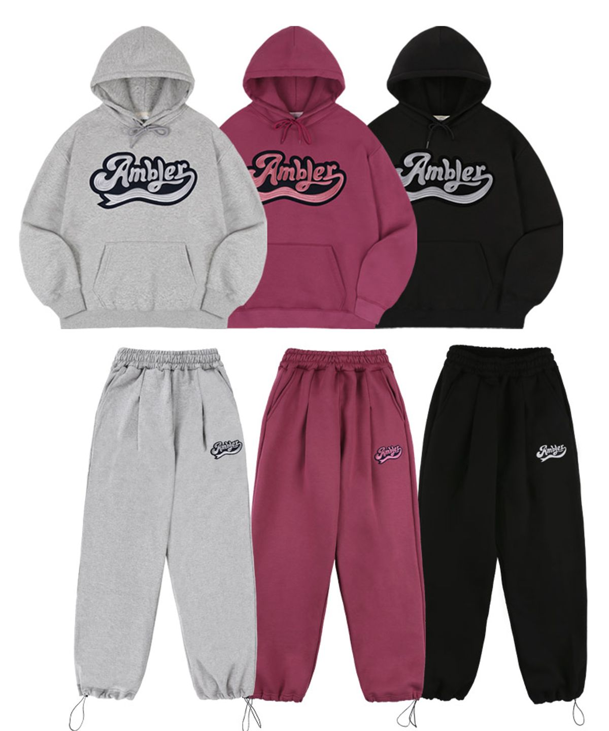 엠블러(AMBLER) [SET] BIG AMBLER 자수 후드티 와이드 팬츠 트레이닝 셋업 (3color)