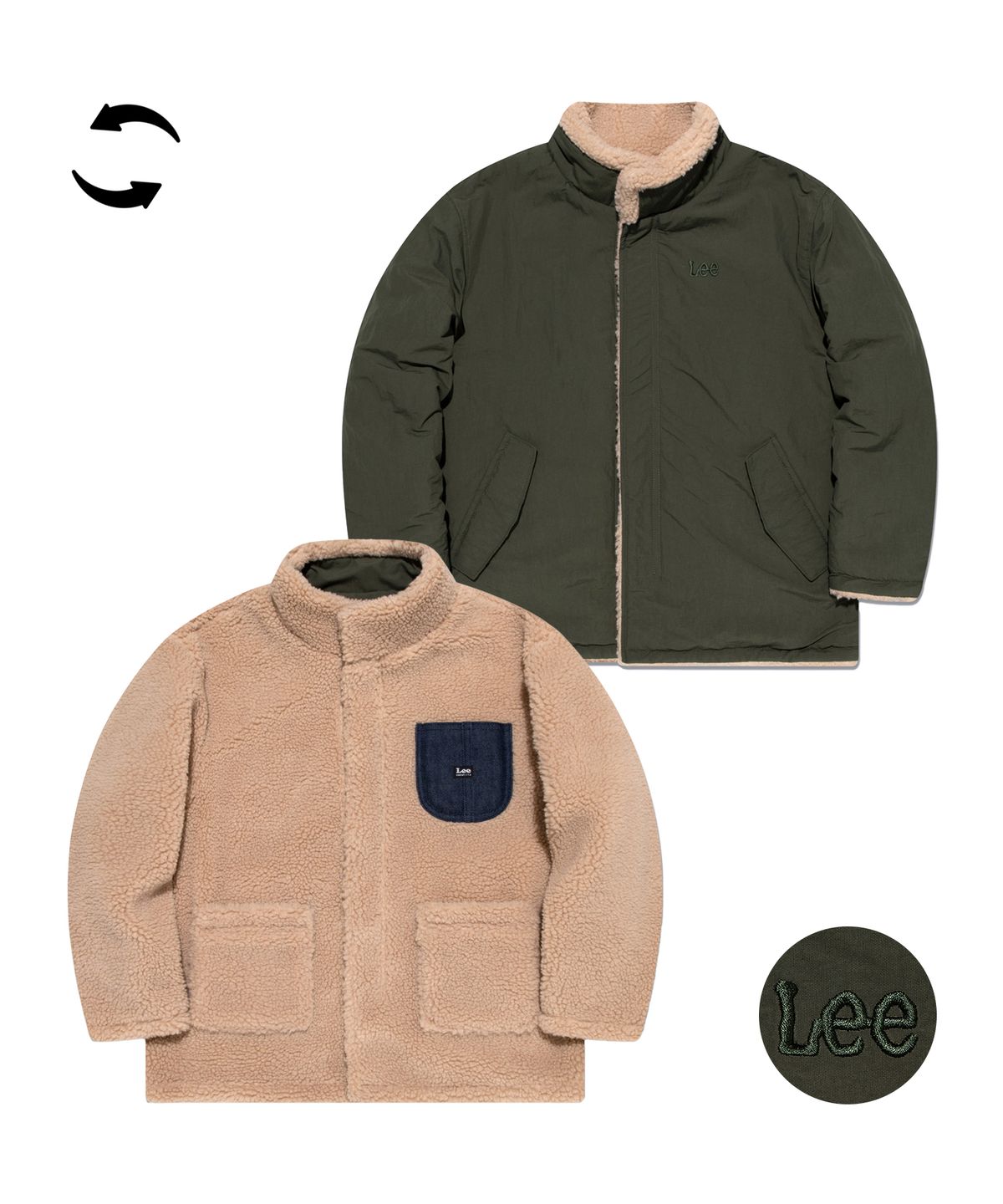 리 키즈(LEE KIDS) 리버서블 오버핏 쉐르파 점퍼 카키 LK2404JU02KH