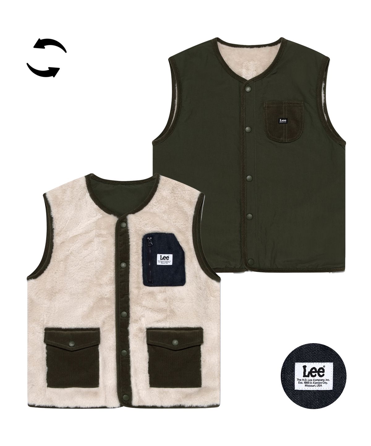 리 키즈(LEE KIDS) 리버서블 레귤러핏 쉐르파 베스트 카키 LK2404VT01KH