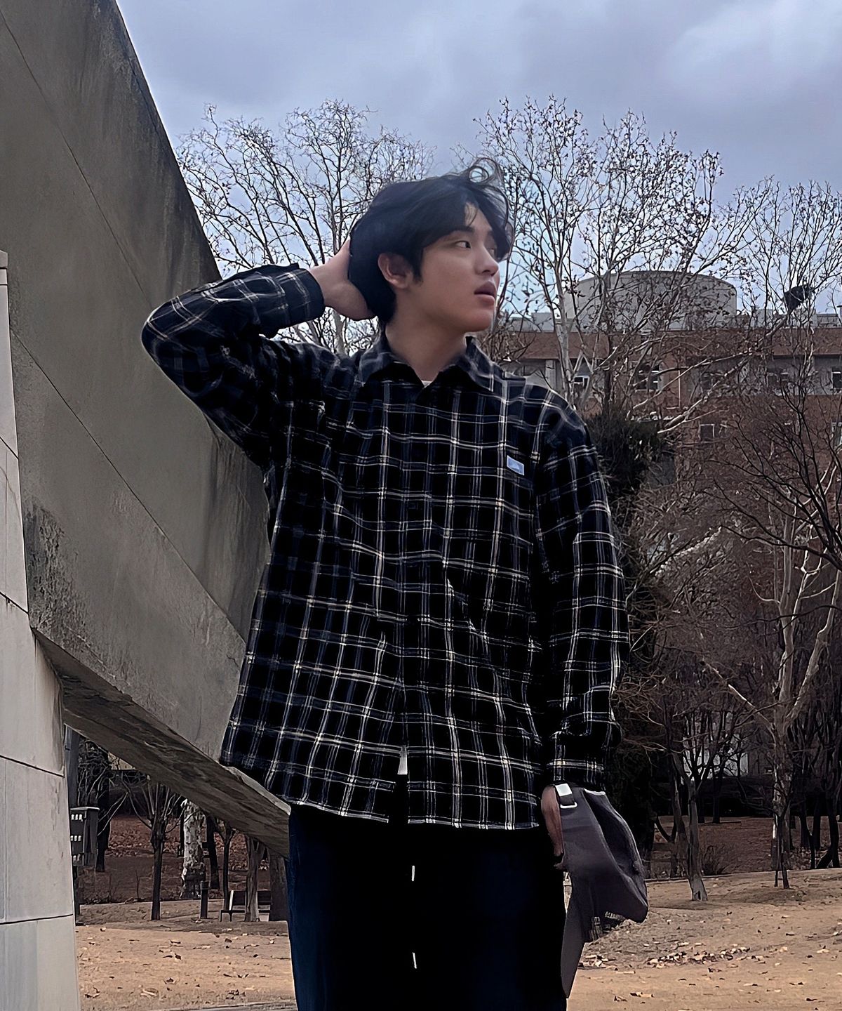 셀리티오(SELITIO) 라벨 포인트 빈티지 체크셔츠 블랙