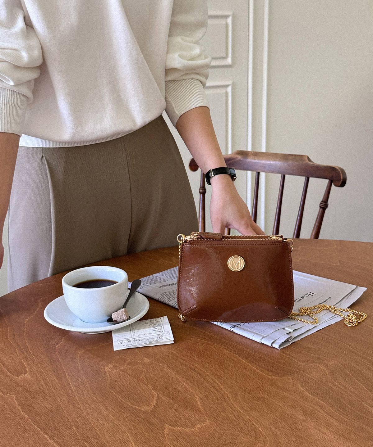 꼬떼드무아(COTEDEMOI) Ecrin mini double chain bag - Caramel