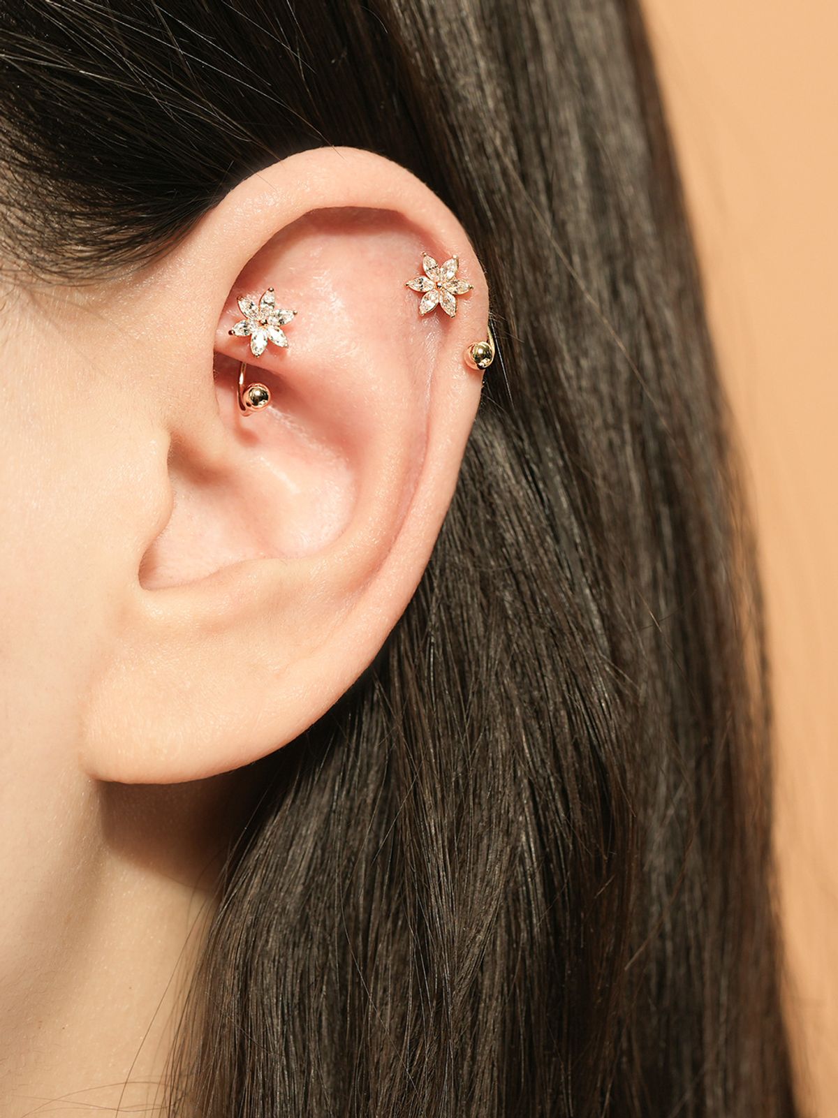 미니멀피어싱(MINIMALPIERCING) 14K 여섯꽃잎 플라워 커브 링 피어싱 귀걸이