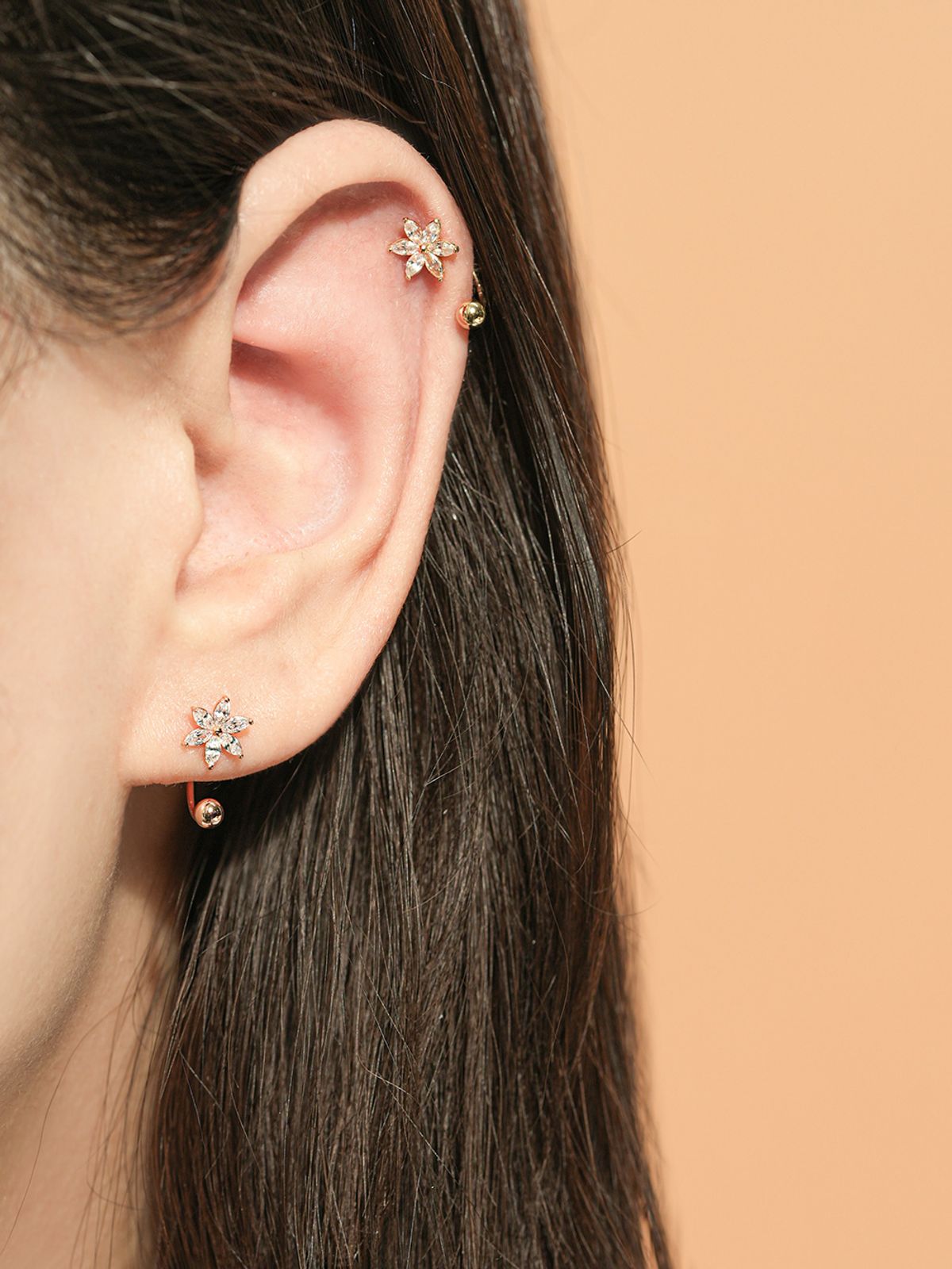 미니멀피어싱(MINIMALPIERCING) 14K 여섯꽃잎 플라워 커브 링 피어싱 귀걸이
