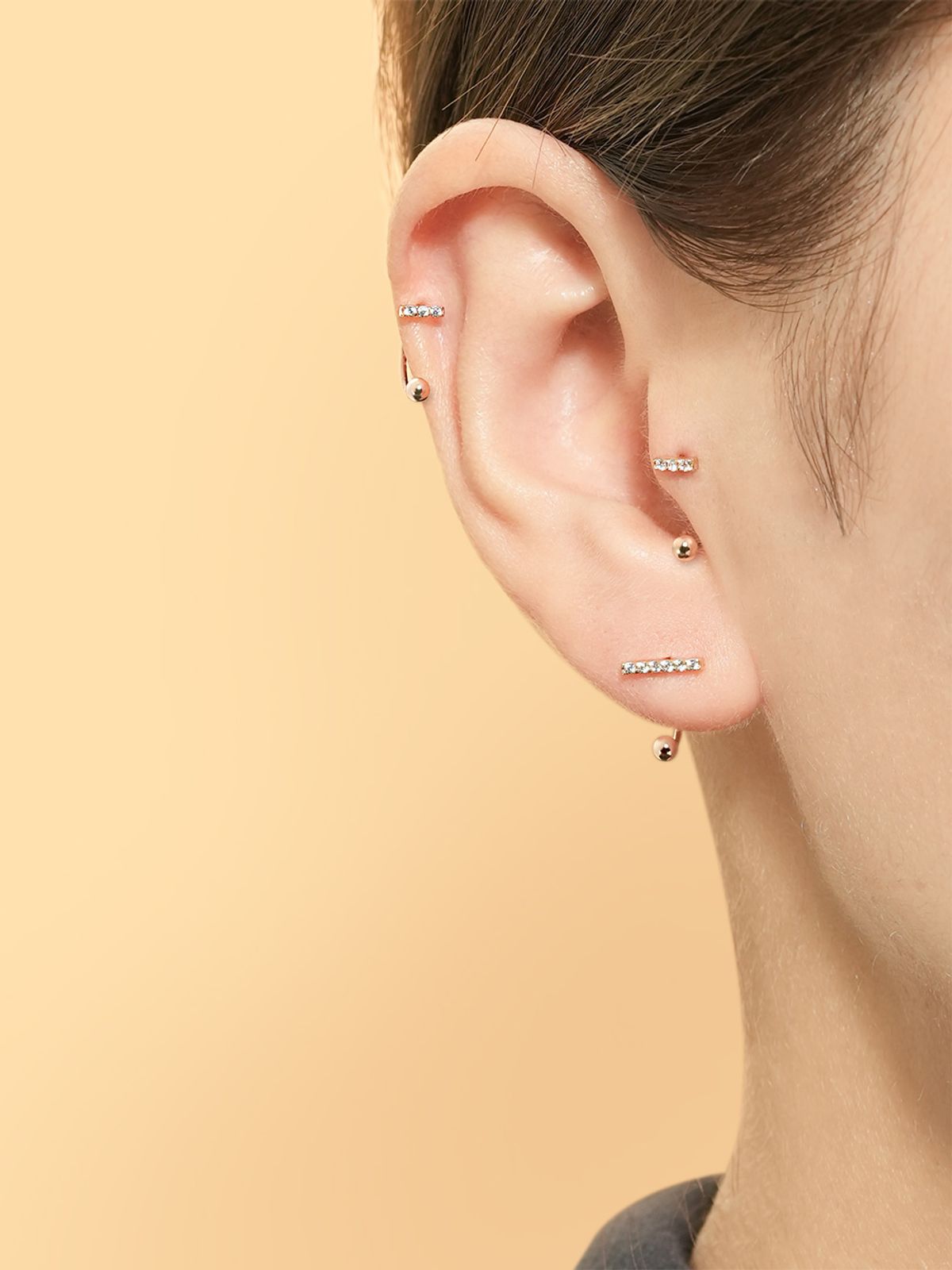 미니멀피어싱(MINIMALPIERCING) 14K 큐빅 스틱 커브 링 피어싱 귀걸이