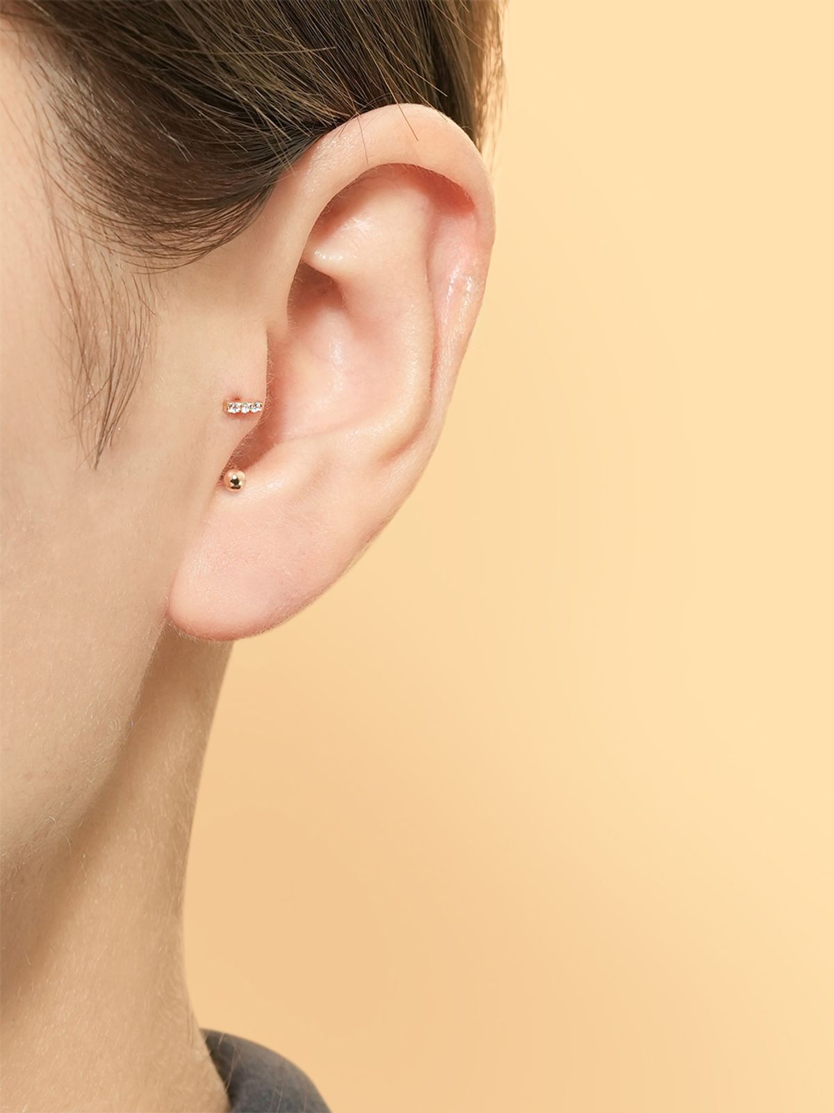 미니멀피어싱(MINIMALPIERCING) 14K 큐빅 스틱 커브 링 피어싱 귀걸이