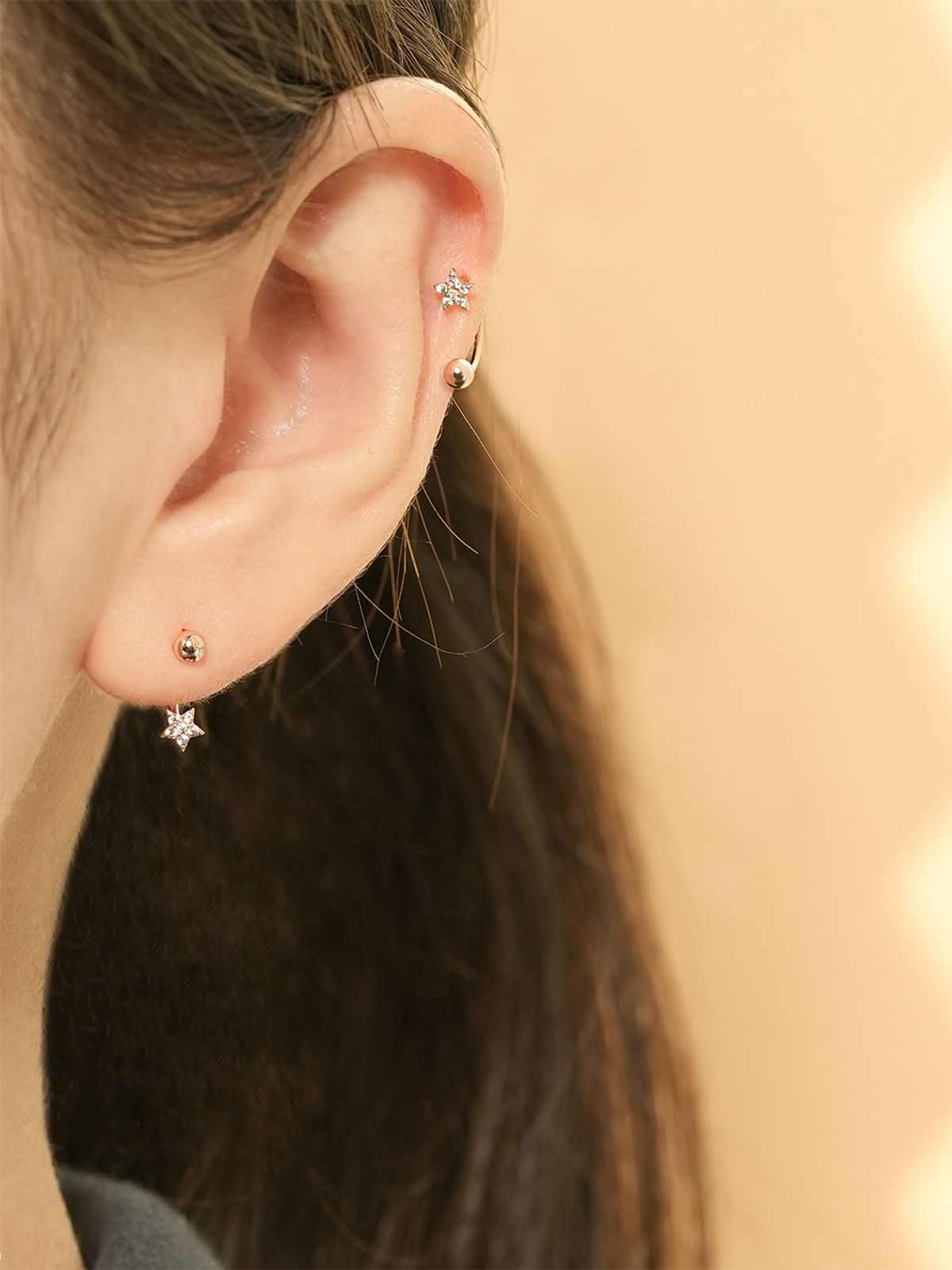 미니멀피어싱(MINIMALPIERCING) 14K 큐빅 별 커브 링 피어싱 귀걸이