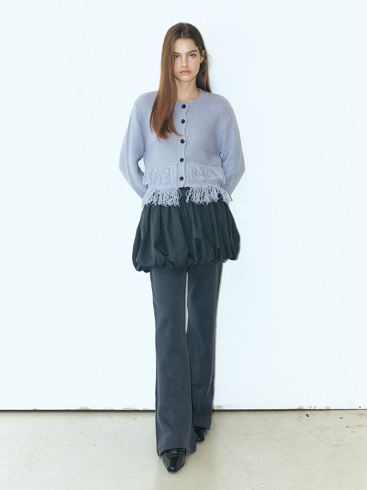 에트몽(ETMON) Layer Fringe Knit Cardigan, Lavender Grey