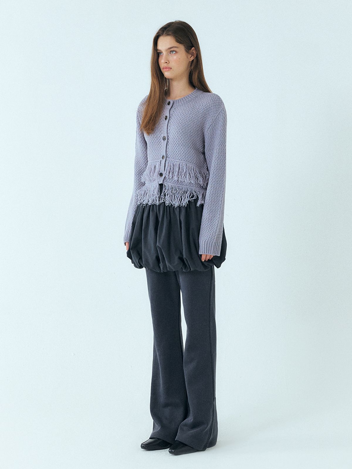 에트몽(ETMON) Layer Fringe Knit Cardigan, Lavender Grey