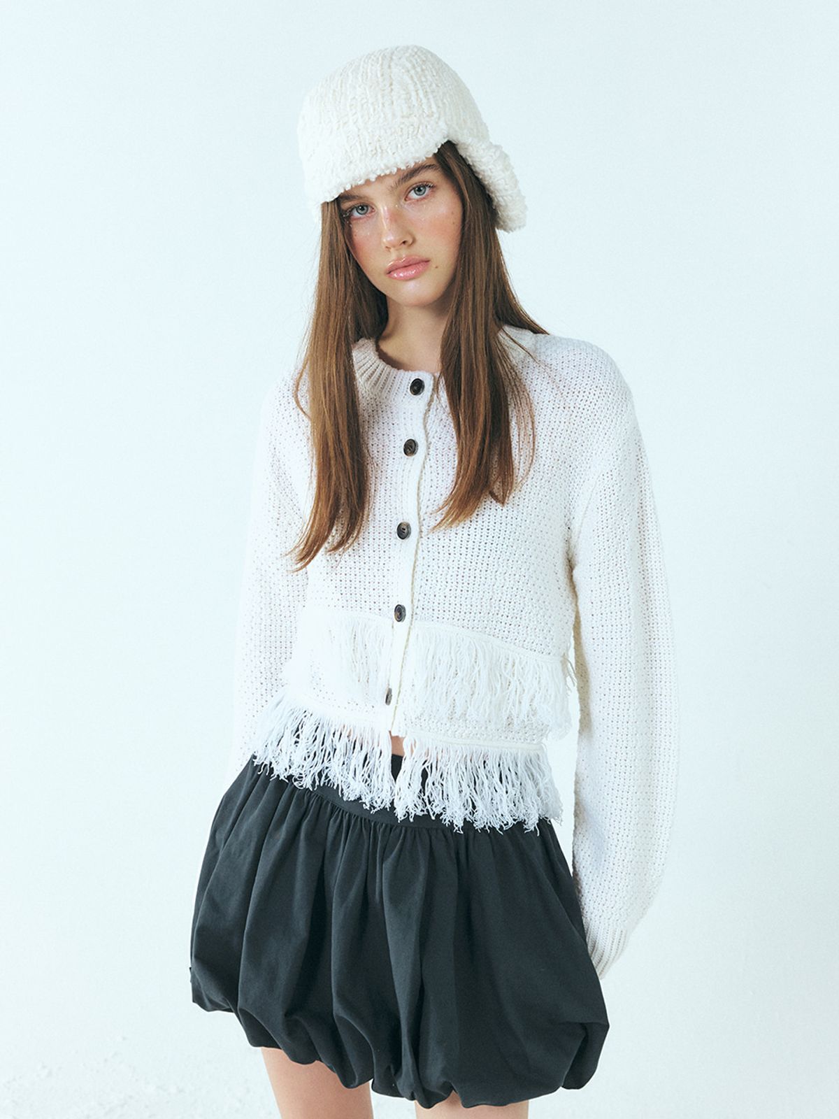 에트몽(ETMON) Layer Fringe Knit Cardigan, Ivory