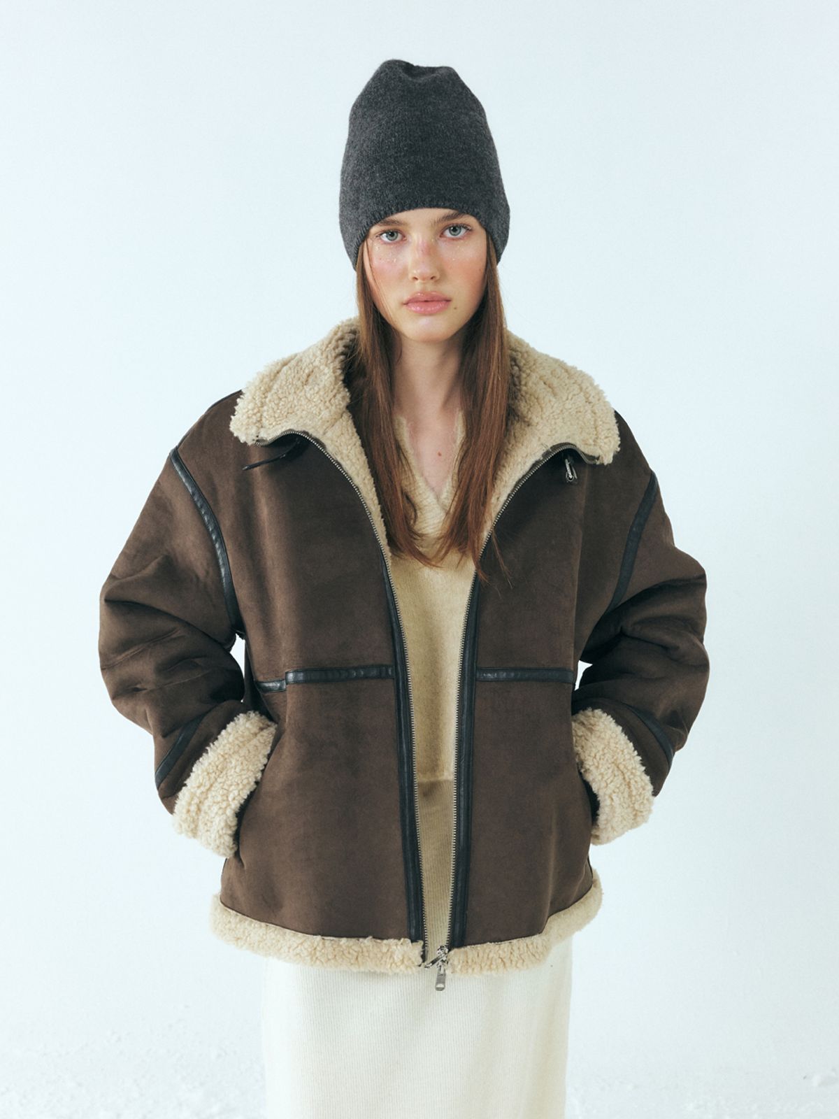 에트몽(ETMON) Lined Suede Mustang Coat, Charcoal