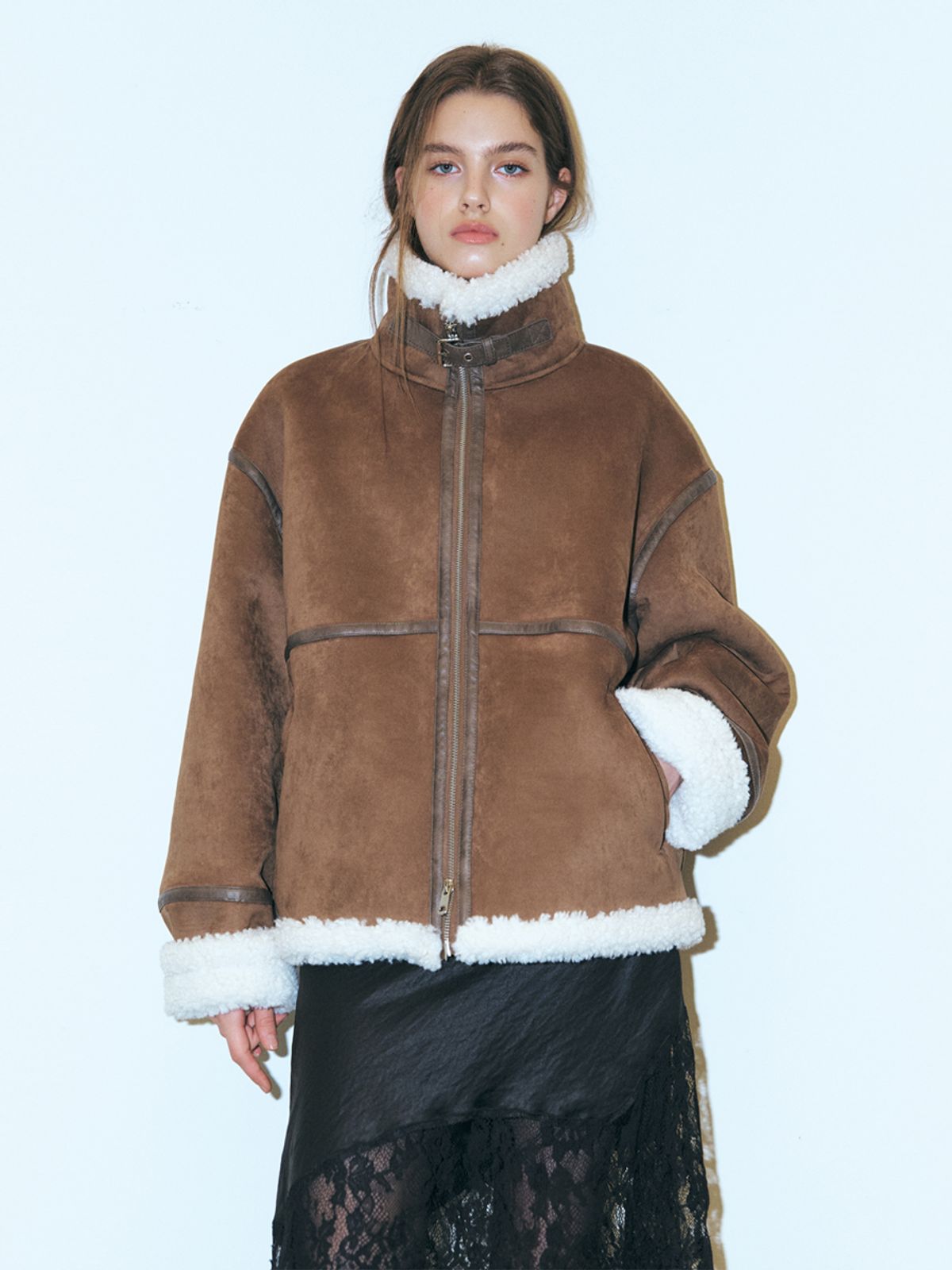 에트몽(ETMON) Lined Suede Mustang Coat, Brown