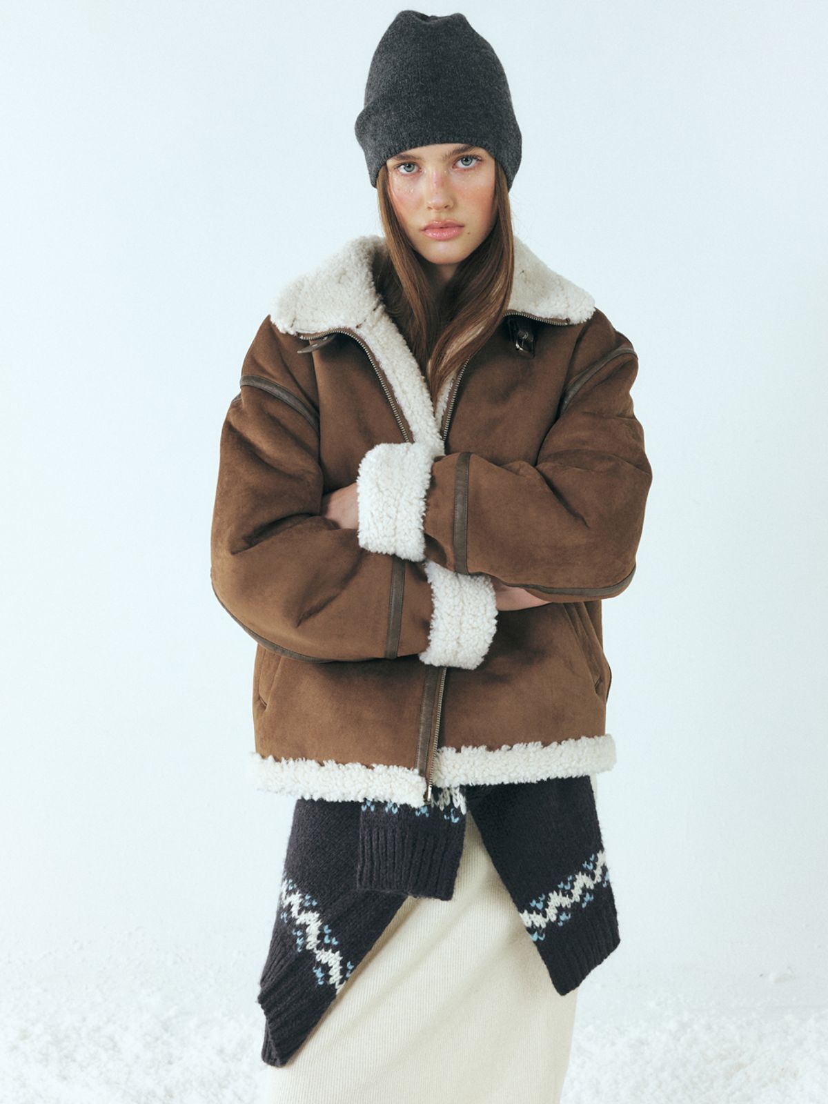 에트몽(ETMON) Lined Suede Mustang Coat, Brown