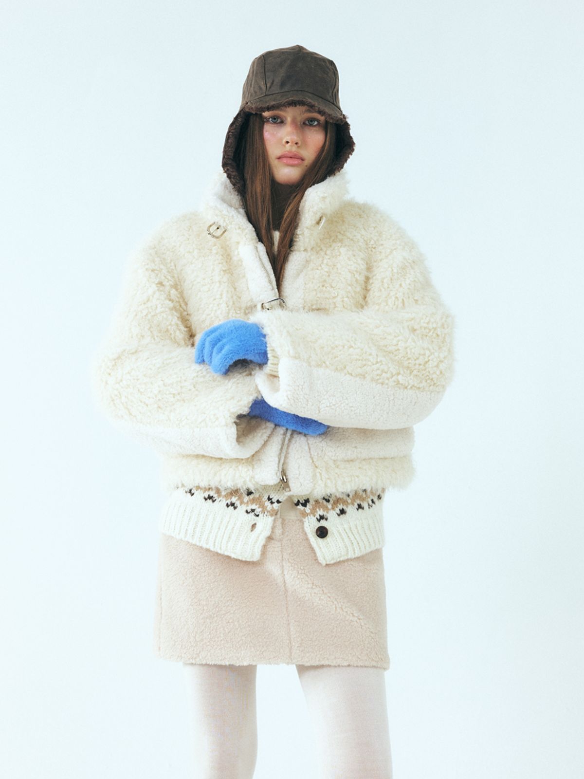 에트몽(ETMON) Mixed Shearling Mustang Coat,Ivory