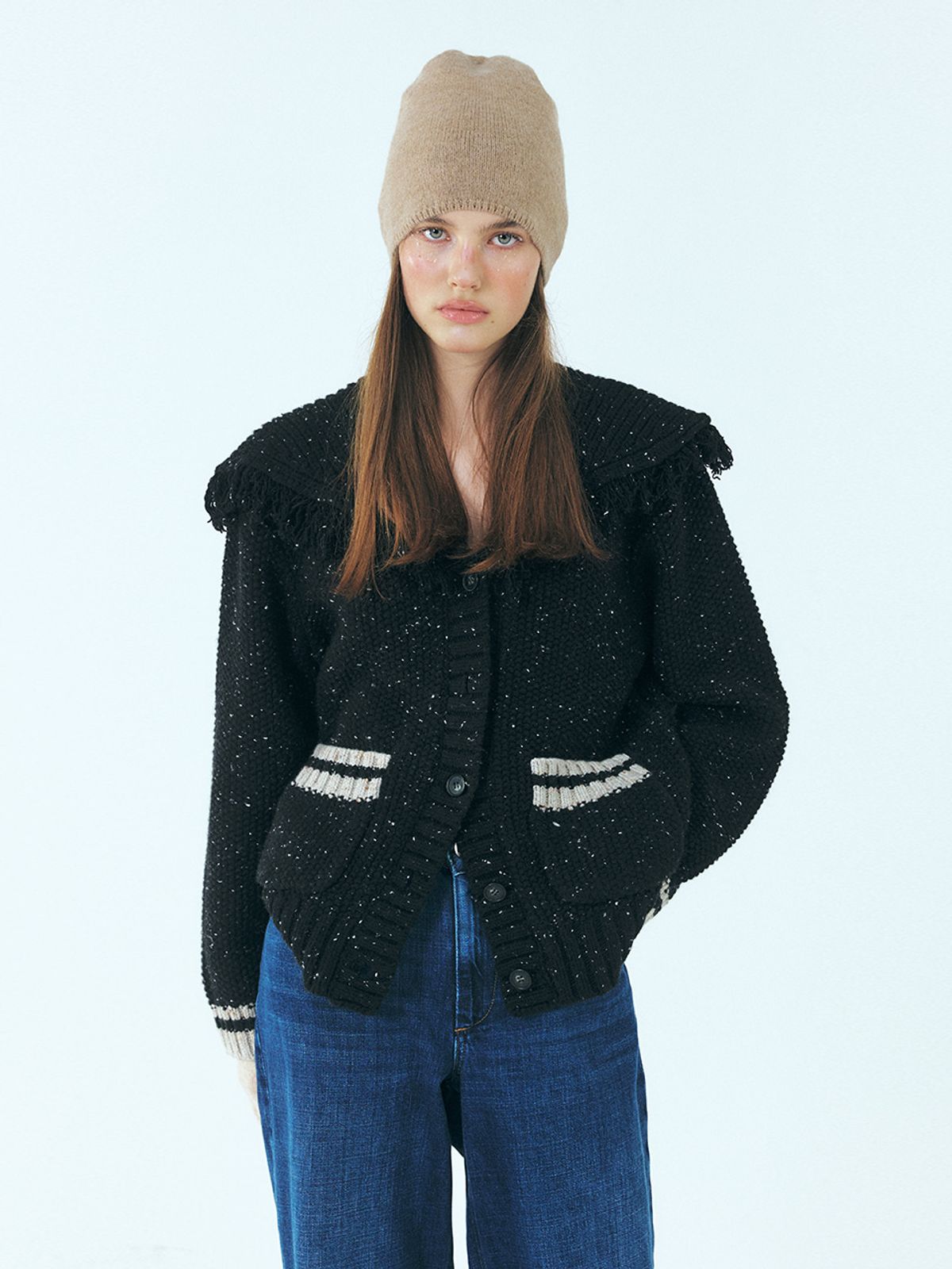 에트몽(ETMON) Fringe Sailor Wool Knit Cardigan, Black