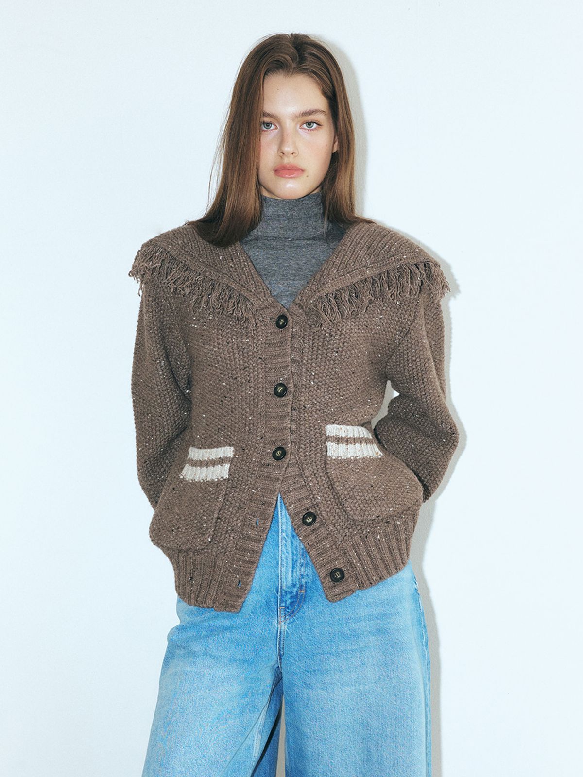에트몽(ETMON) Fringe Sailor Wool Knit Cardigan, Mocha Brown