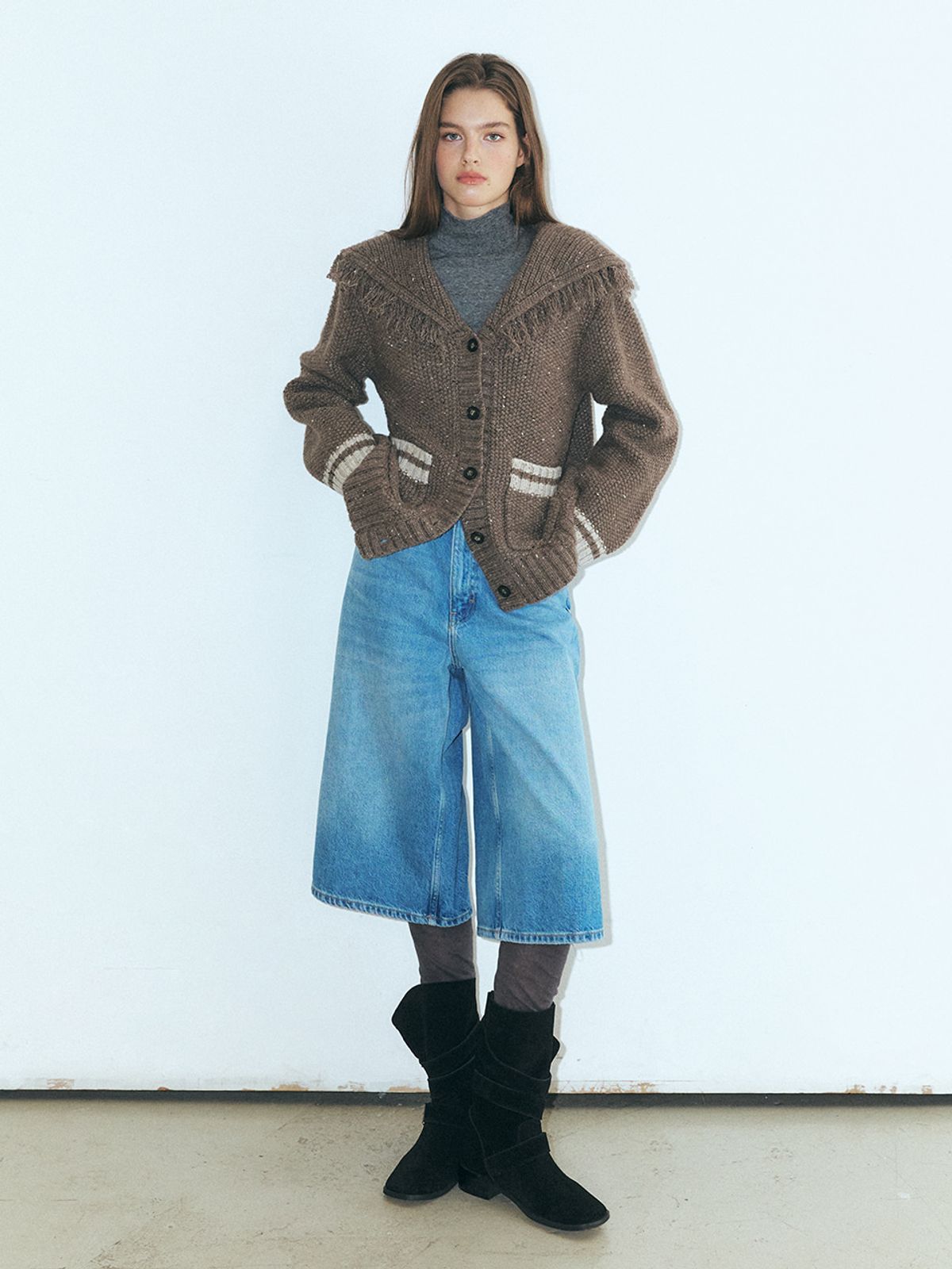 에트몽(ETMON) Fringe Sailor Wool Knit Cardigan, Mocha Brown