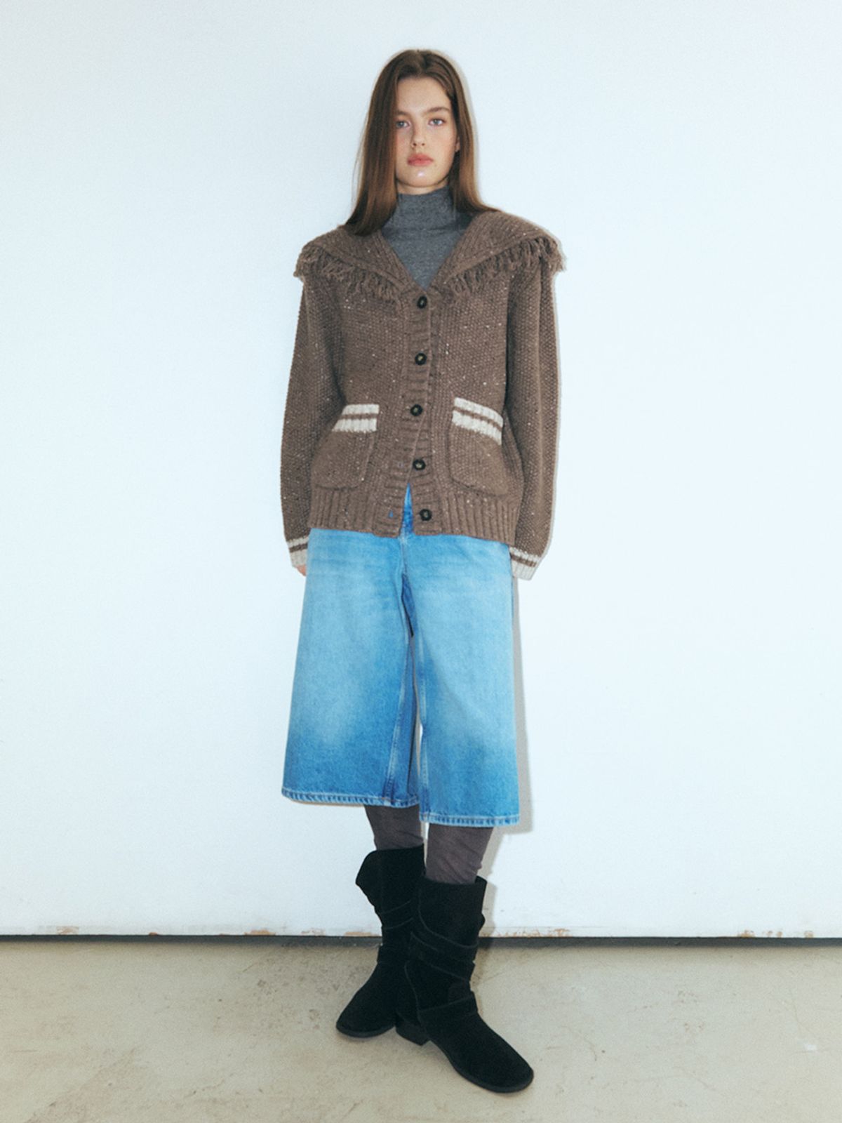 에트몽(ETMON) Fringe Sailor Wool Knit Cardigan, Mocha Brown