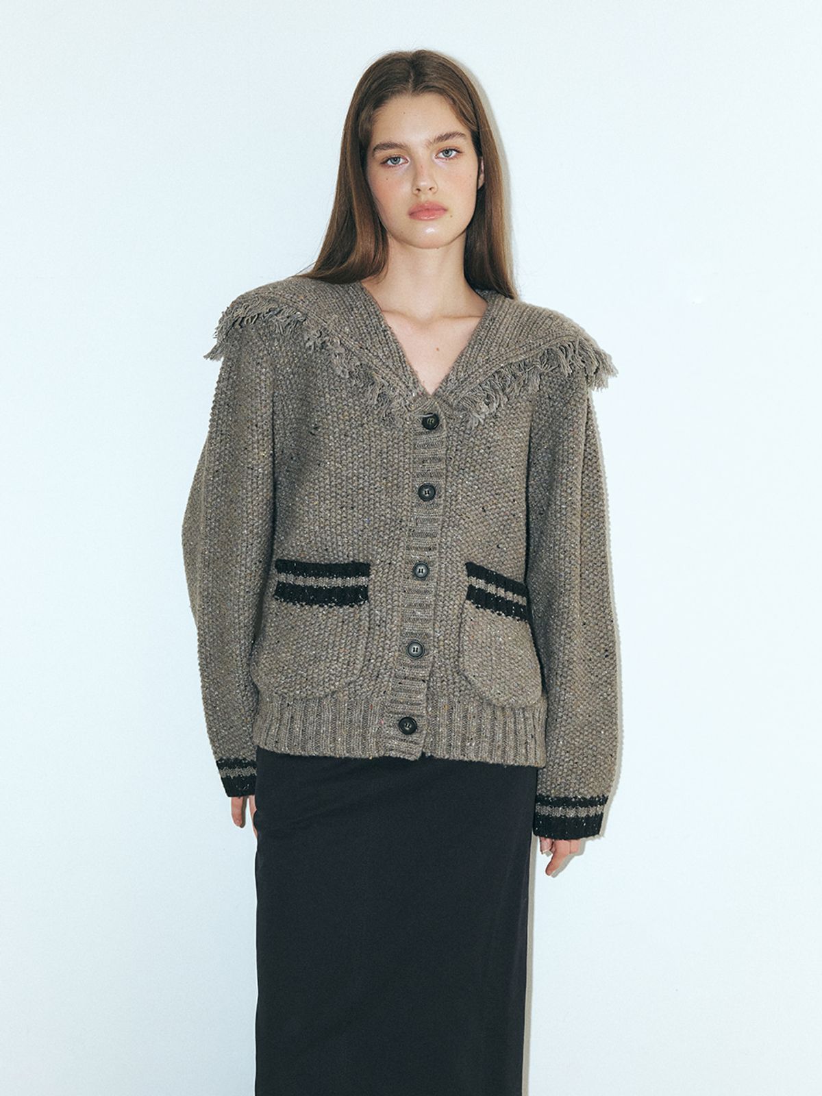 에트몽(ETMON) Fringe Sailor Wool Knit Cardigan, Charcoal