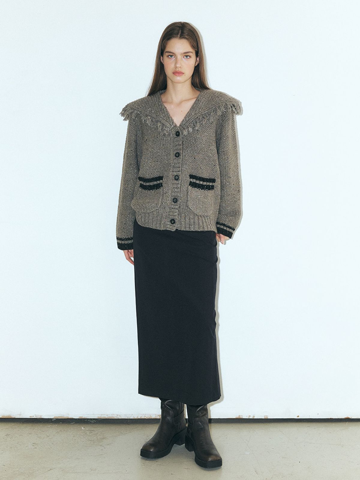 에트몽(ETMON) Fringe Sailor Wool Knit Cardigan, Charcoal