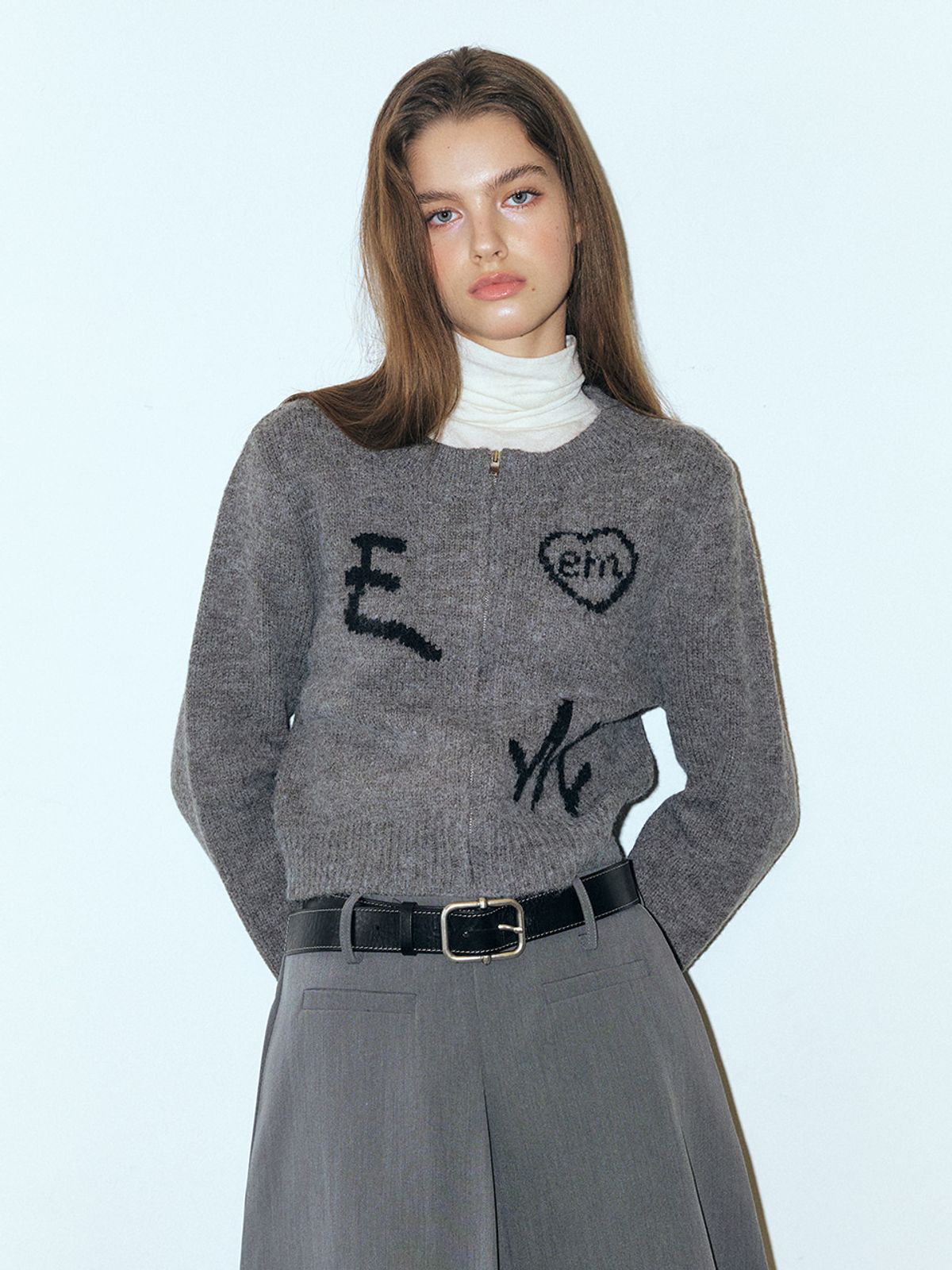 에트몽(ETMON) Lettering Zip-Up Knit Cardigan, Grey_Bk