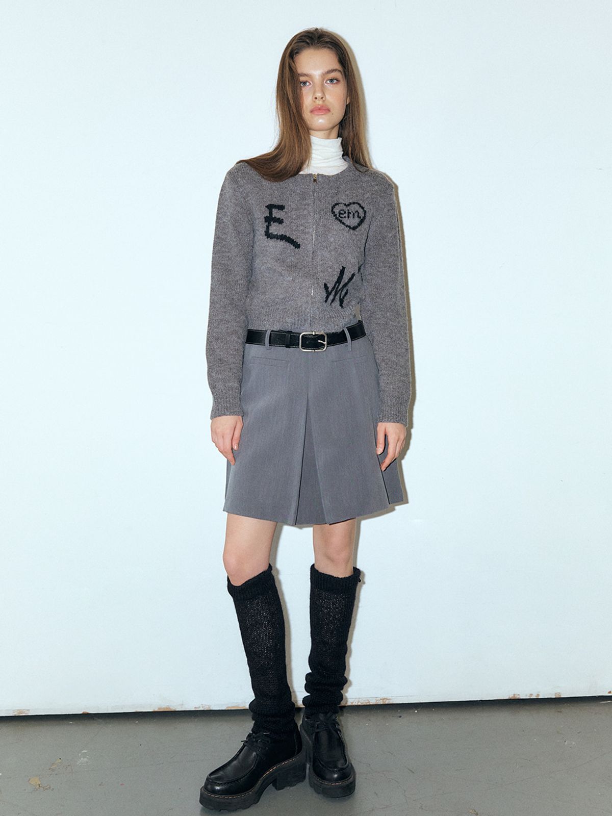 에트몽(ETMON) Lettering Zip-Up Knit Cardigan, Grey_Bk
