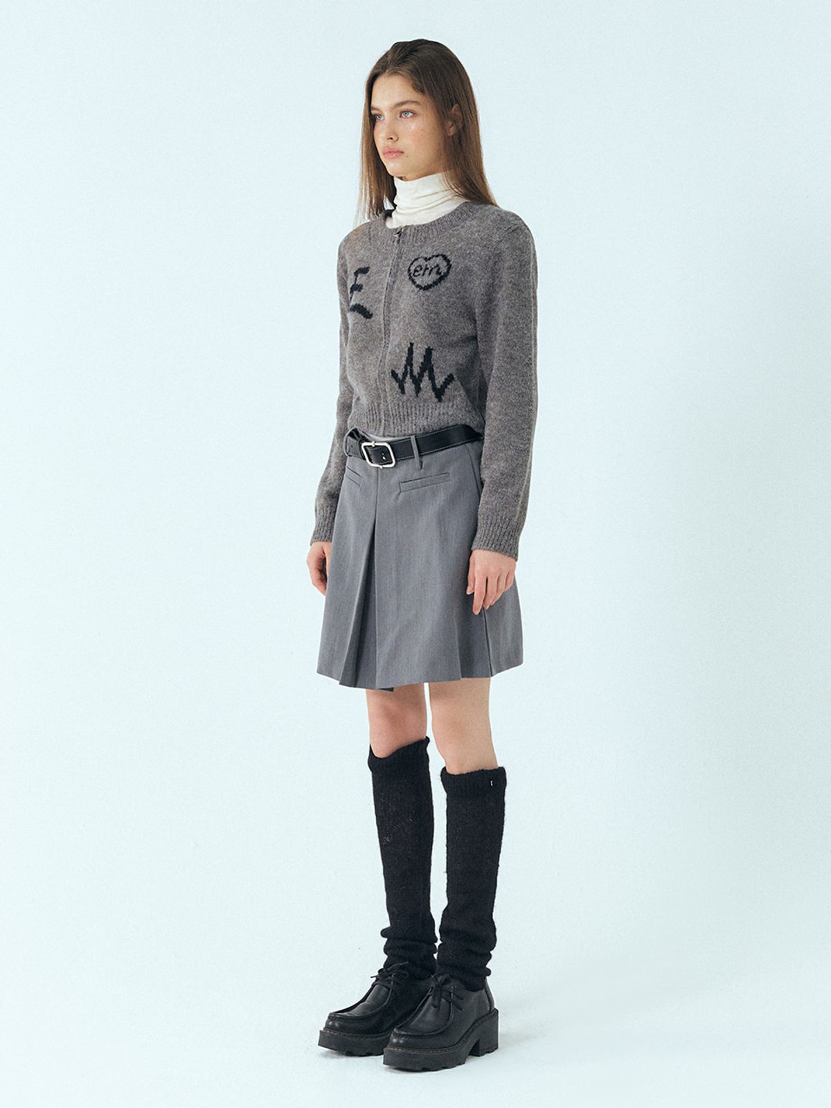 에트몽(ETMON) Lettering Zip-Up Knit Cardigan, Grey_Bk
