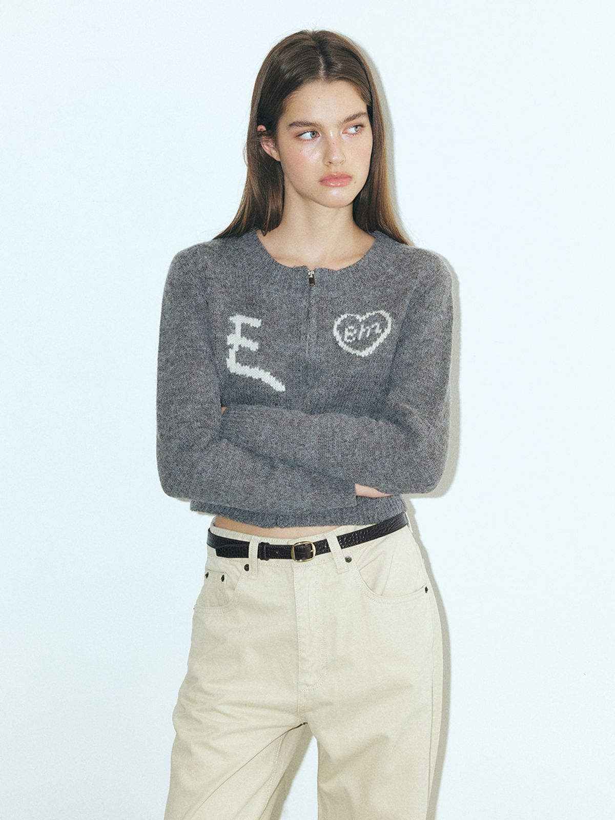 에트몽(ETMON) Lettering Zip-Up Knit Cardigan, Grey