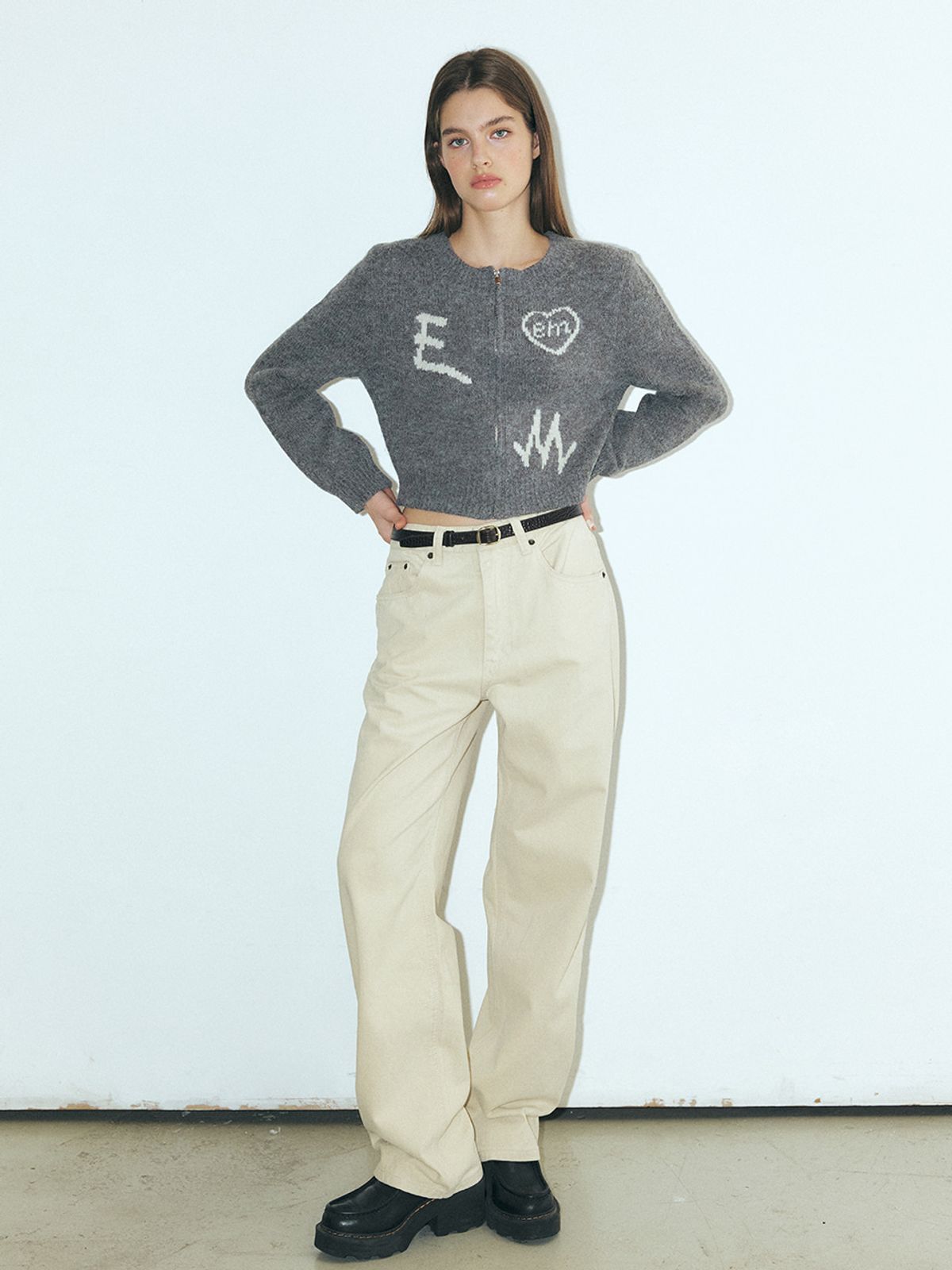 에트몽(ETMON) Lettering Zip-Up Knit Cardigan, Grey