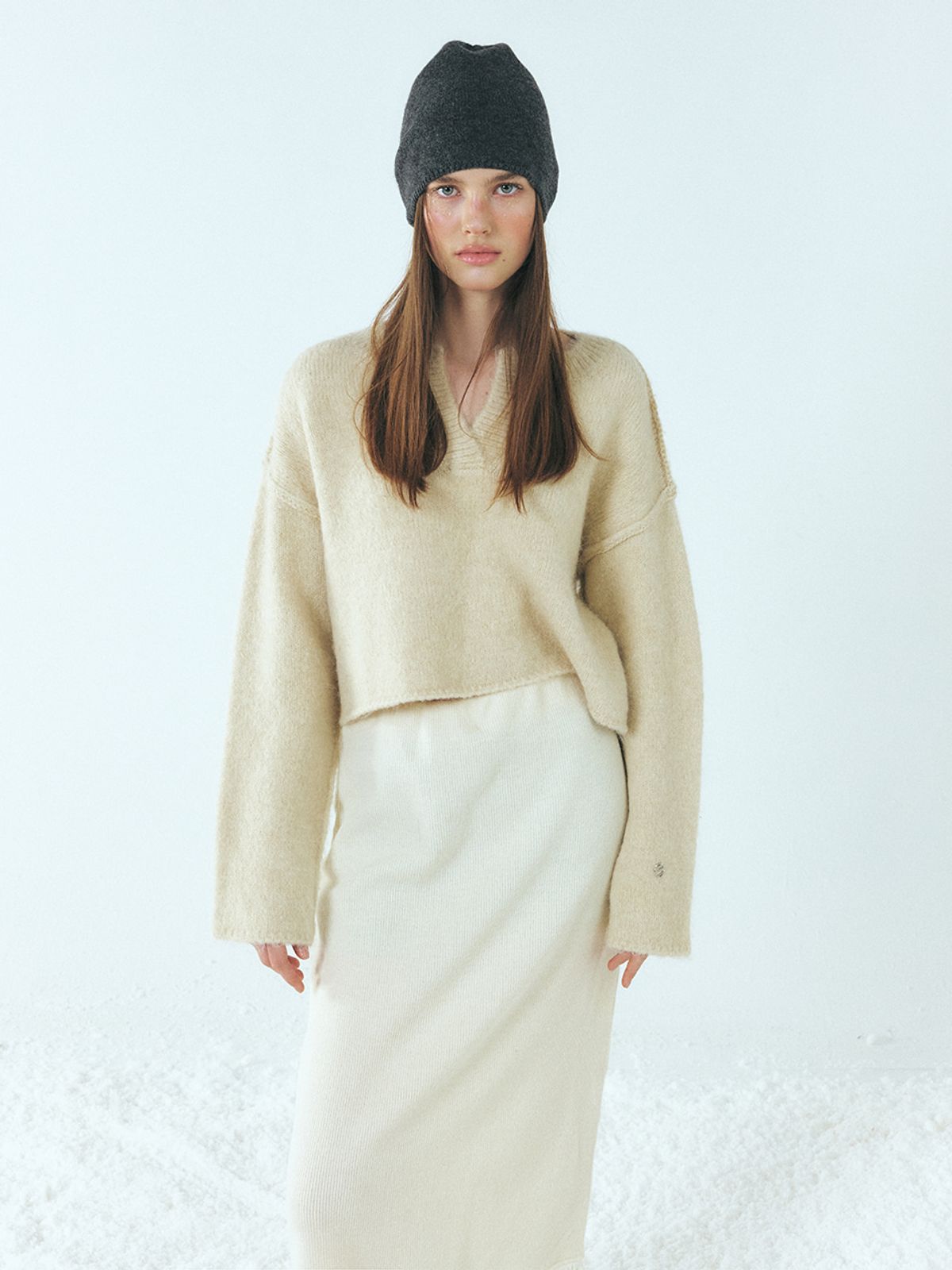 에트몽(ETMON) Fringe Knitted Skirt, Ivory